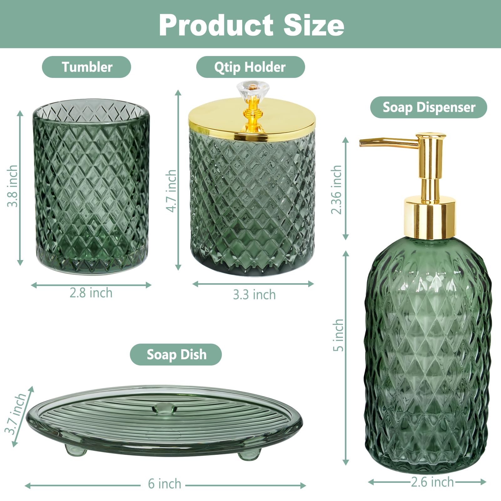 Haturi Bathroom Accessories Set - 4Pcs Glass in Sage Green with Lotion Dispenser, Toothbrush Holder, Qtip Holder, Soap Dish