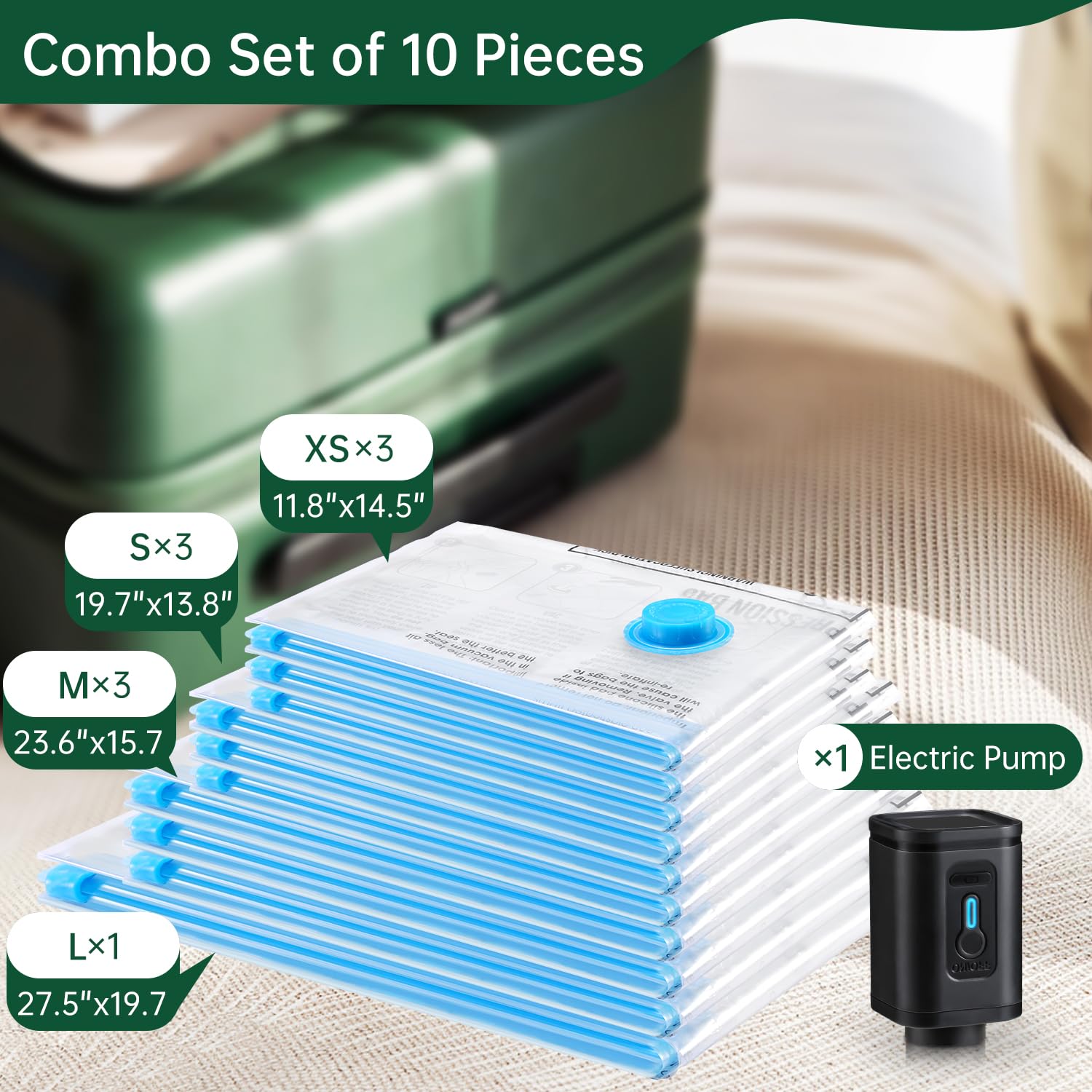 Brodi 10 Combo Pack Travel Vacuum Bags With Pump - Compression Bags For Travel,Vacuum Storage Bags For Space Saver & Travel Esse