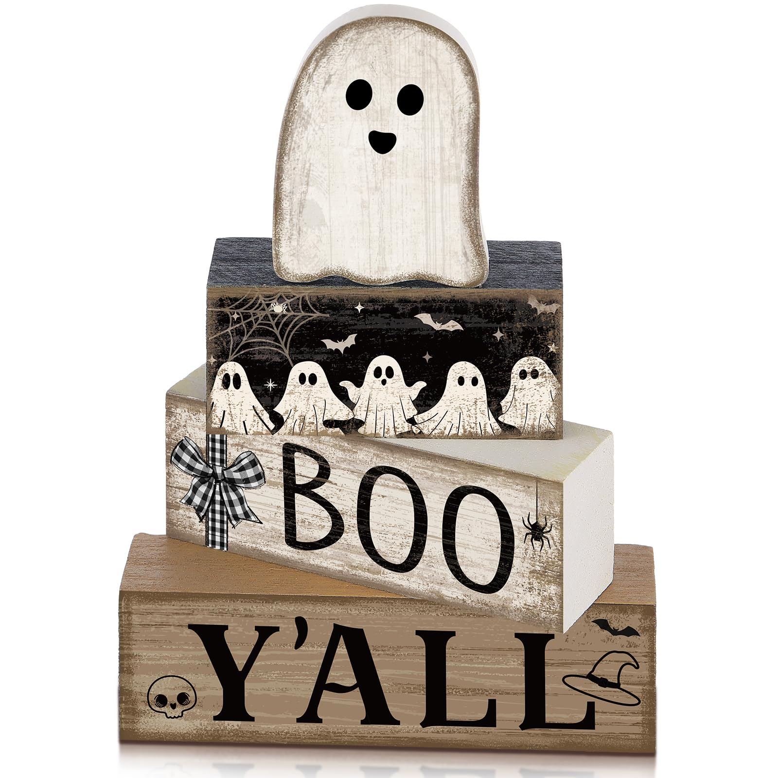 Lineshading 4 Pcs Halloween Table Decoration Wooden Ghost Tiered Tray Decoration Rustic Wood Ghost Block Signs Gift Halloween Ce