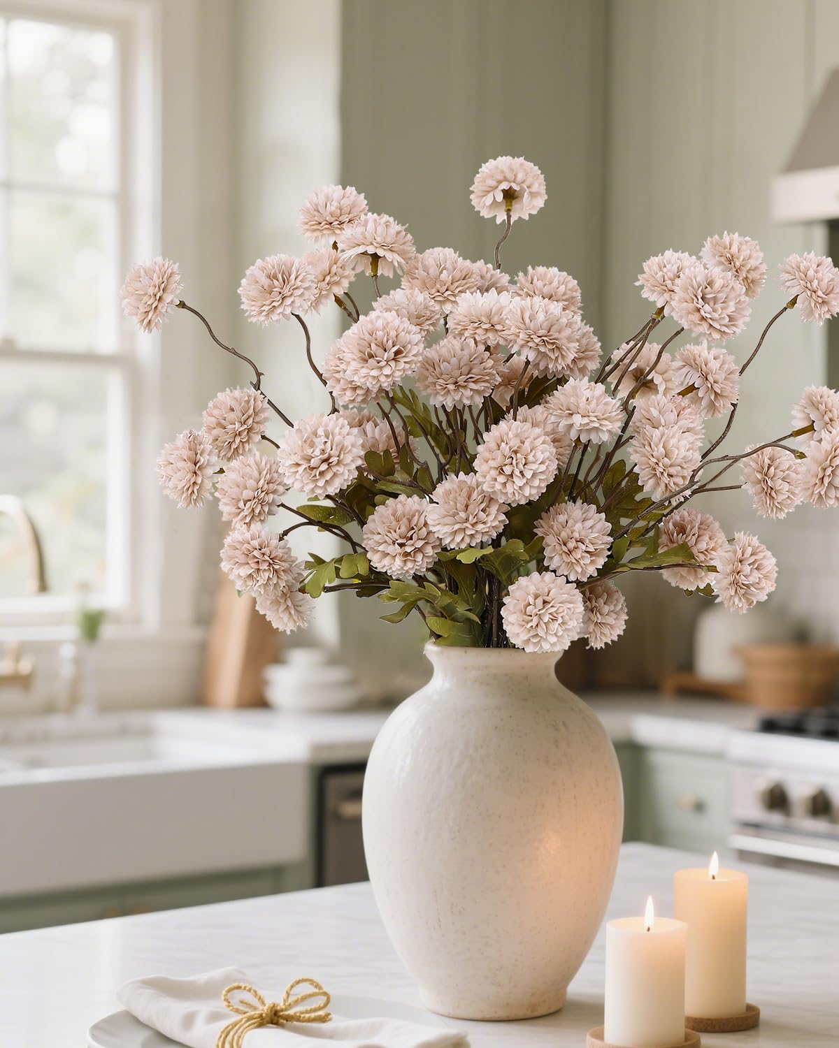 DuHouse 6pcs Artificial Flowers Faux Silk Pompon Mum,Silk Small Mini Chrysanthemum Ball with Stems for DIY Wedding Bouquets Cent