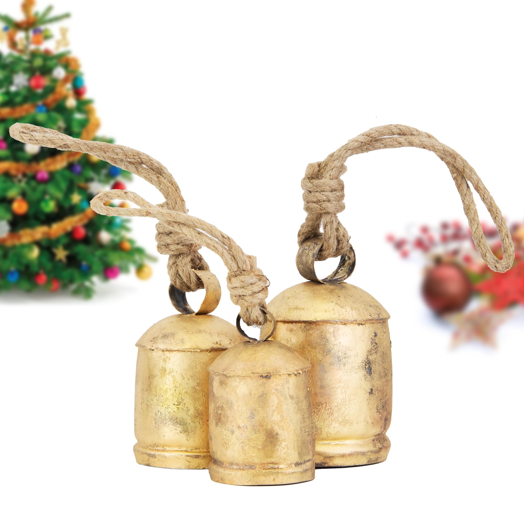 Vintage Rustic Cow Bell Christmas Bell Set - Shabby Chic Holiday Decor - Set of 3 Bells in Various Sizes- Create a Festive Ambia