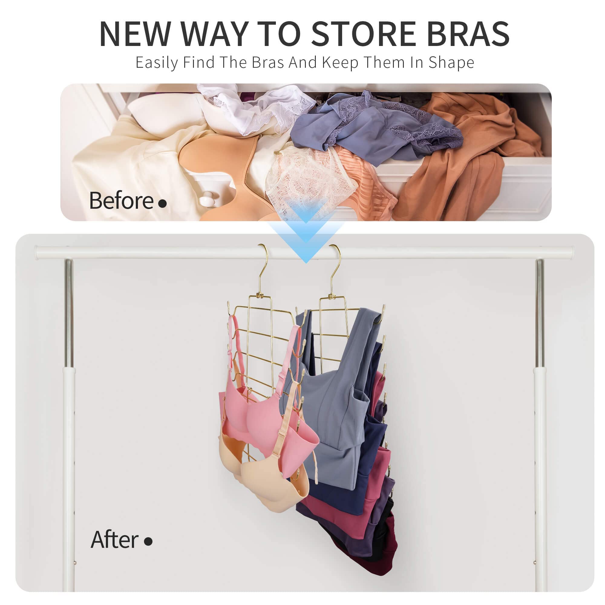 PODATOL Bra Organizer  2 Pack Tank Top Hanger for Closet Swivel Hook Foldable Design  Space Saving Hanger Hanging Metal Bra Holder Storage  Gold