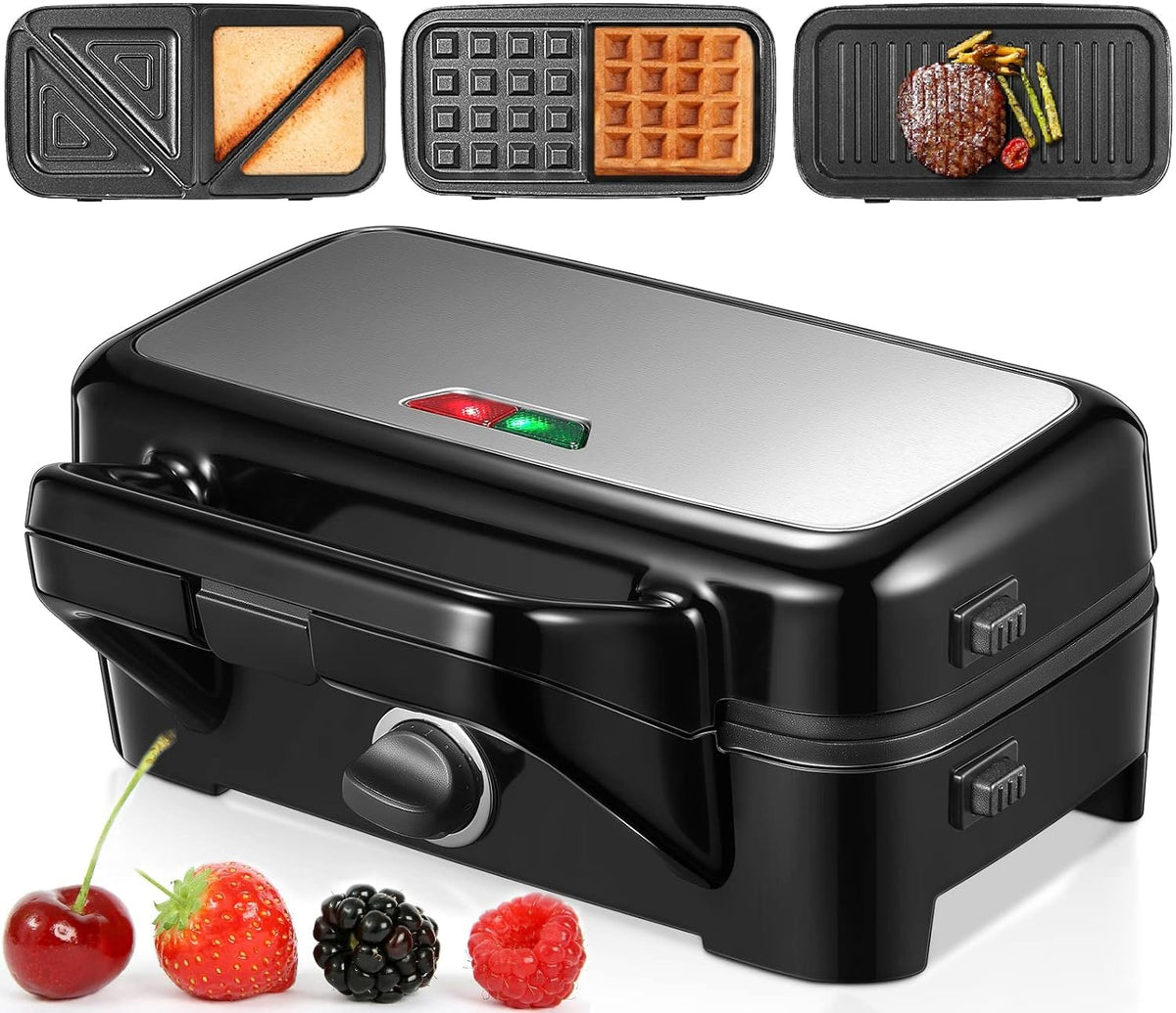 Housnat 3 In 1 Sandwich Maker, Waffle Maker With Removable Plates, 1200W Panini Press With Interchangeable Non-Stick Plates, Ind