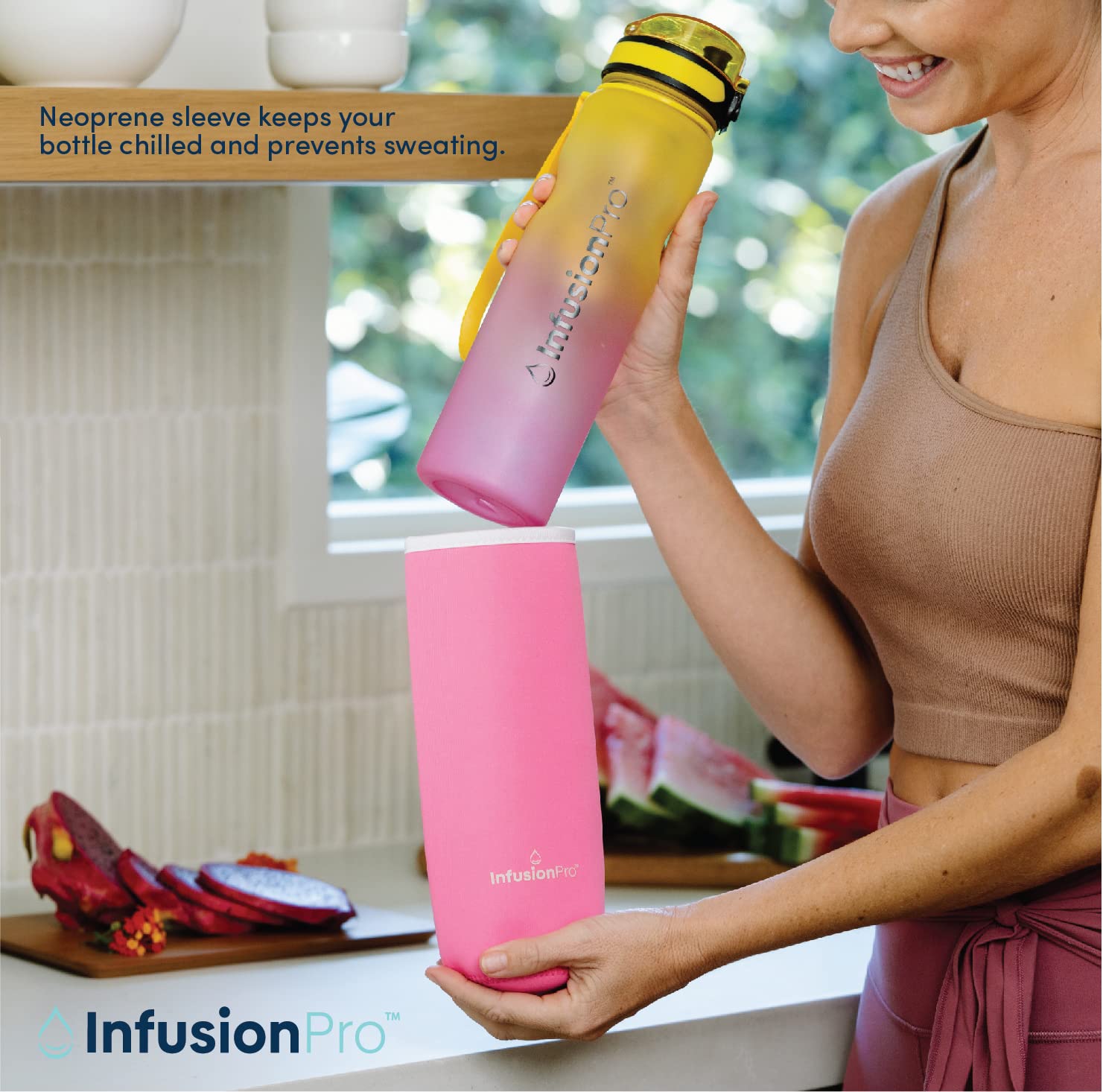 Infusion Pro 32 oz Fruit Infuser Water Bottle with Time Marker - Flip Top Locking Lid  Insulated Sleeve & 50 Recipe Fruit Infusion Water eBook : Leak Proof : for Gym  Sports  Travel : Unique Gift Idea