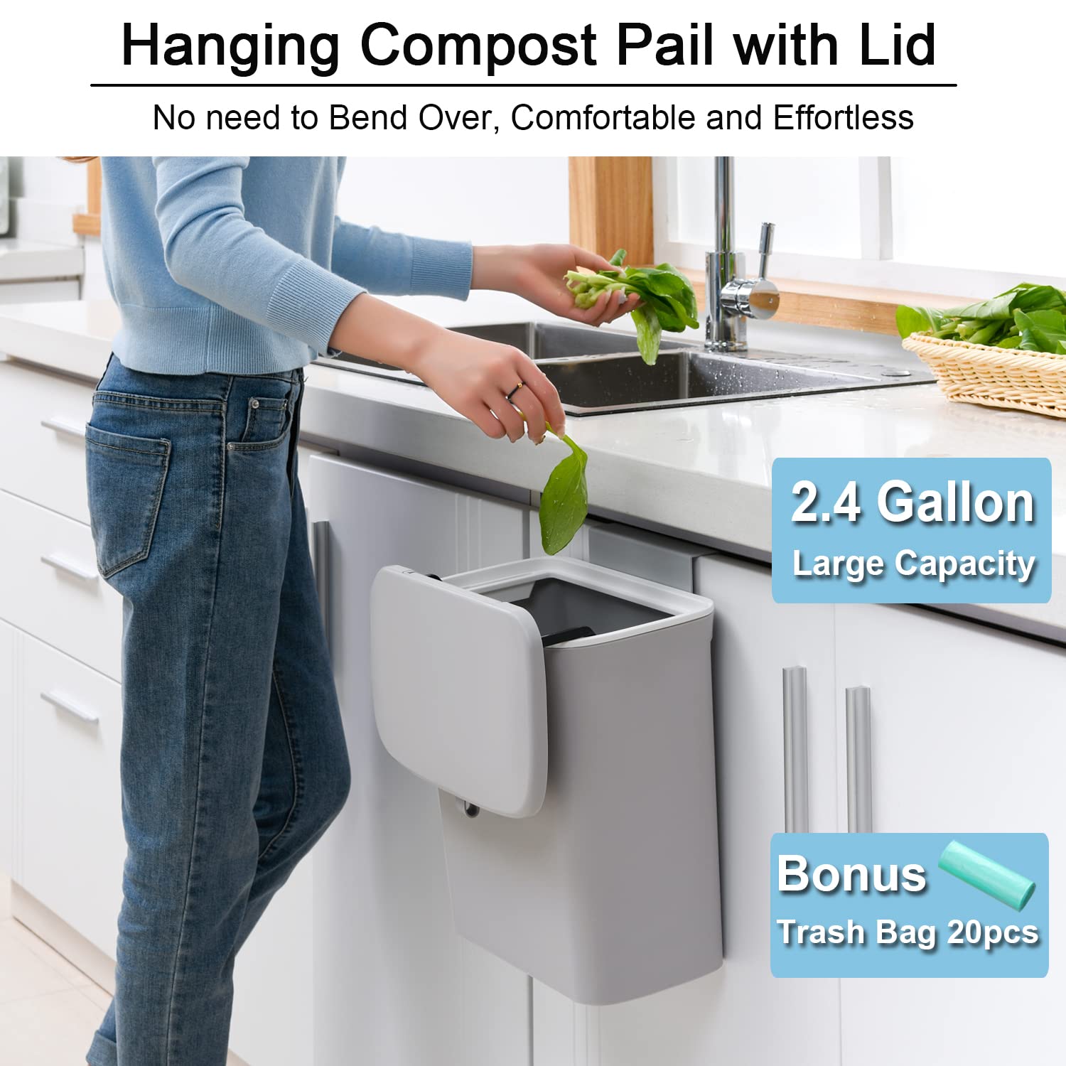Tiyafuro 2.4 Gallon Kitchen Compost Bin for Counter Top or Under Sink  Hanging Small Trash Can with Lid for Cupboard/Bathroom/Bedroom/Office/Camping  Mountable Indoor Compost Bucket  Gray