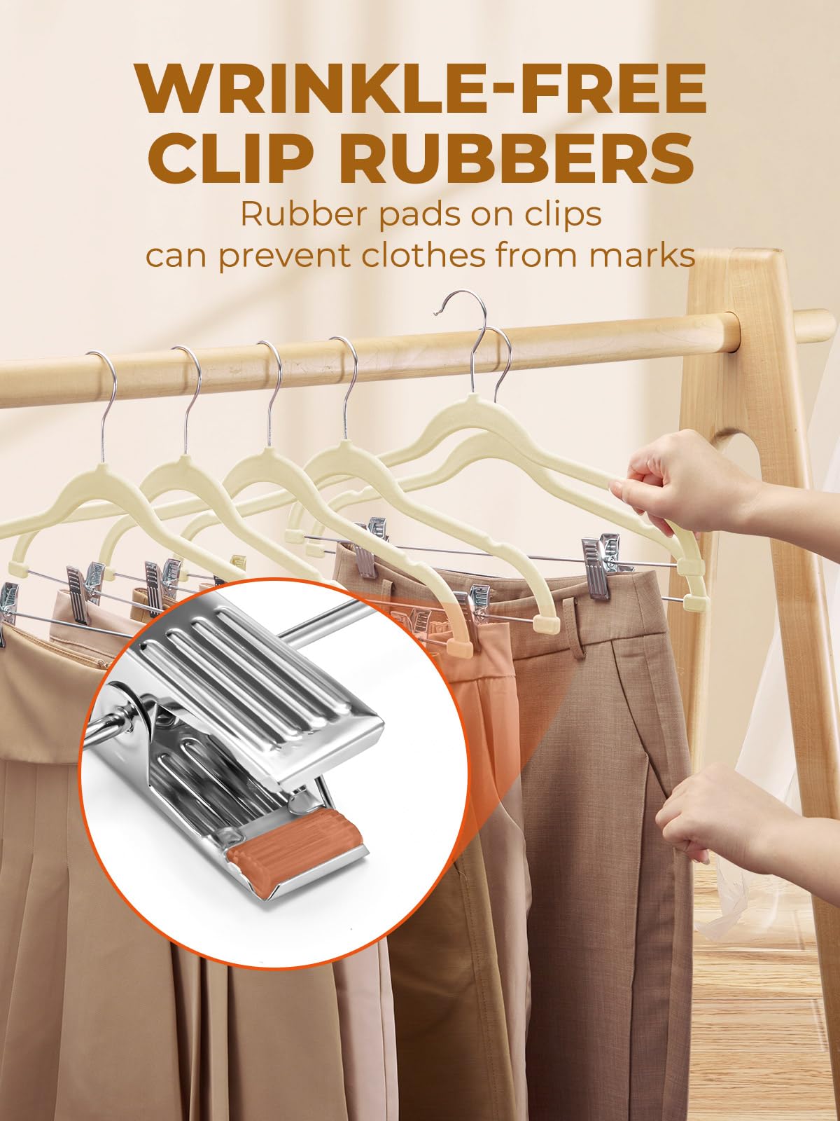 HOUSE DAY Velvet Skirt Hangers, 12 Pack, Beige, Adjustable Clips, Non-Slip, Heavy Duty, Space Saving Pant Hangers