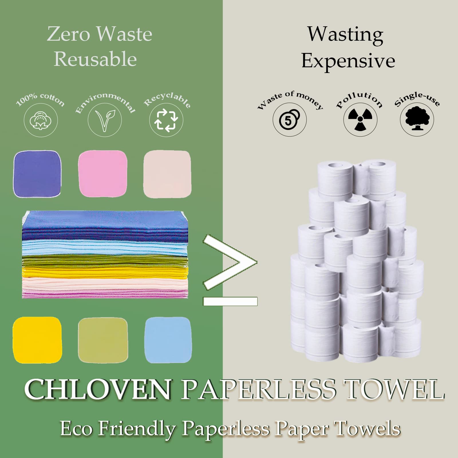 Reusable Paperless Towels, Washable 100% Cotton Cloth Paperless Towels - 30 Pack 10'' X 10'' Zero Waste Reusable Napkins Eco Fri