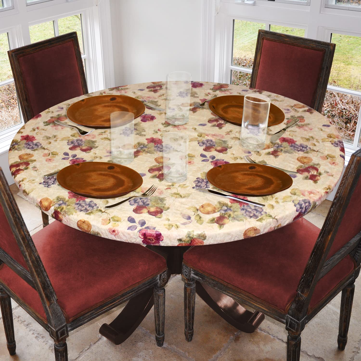 Covers For The Home Deluxe Elastic Edged Flannel Backed Vinyl Fitted Table Cover - Antique Fruit Pattern - Large Round - Fits Ta