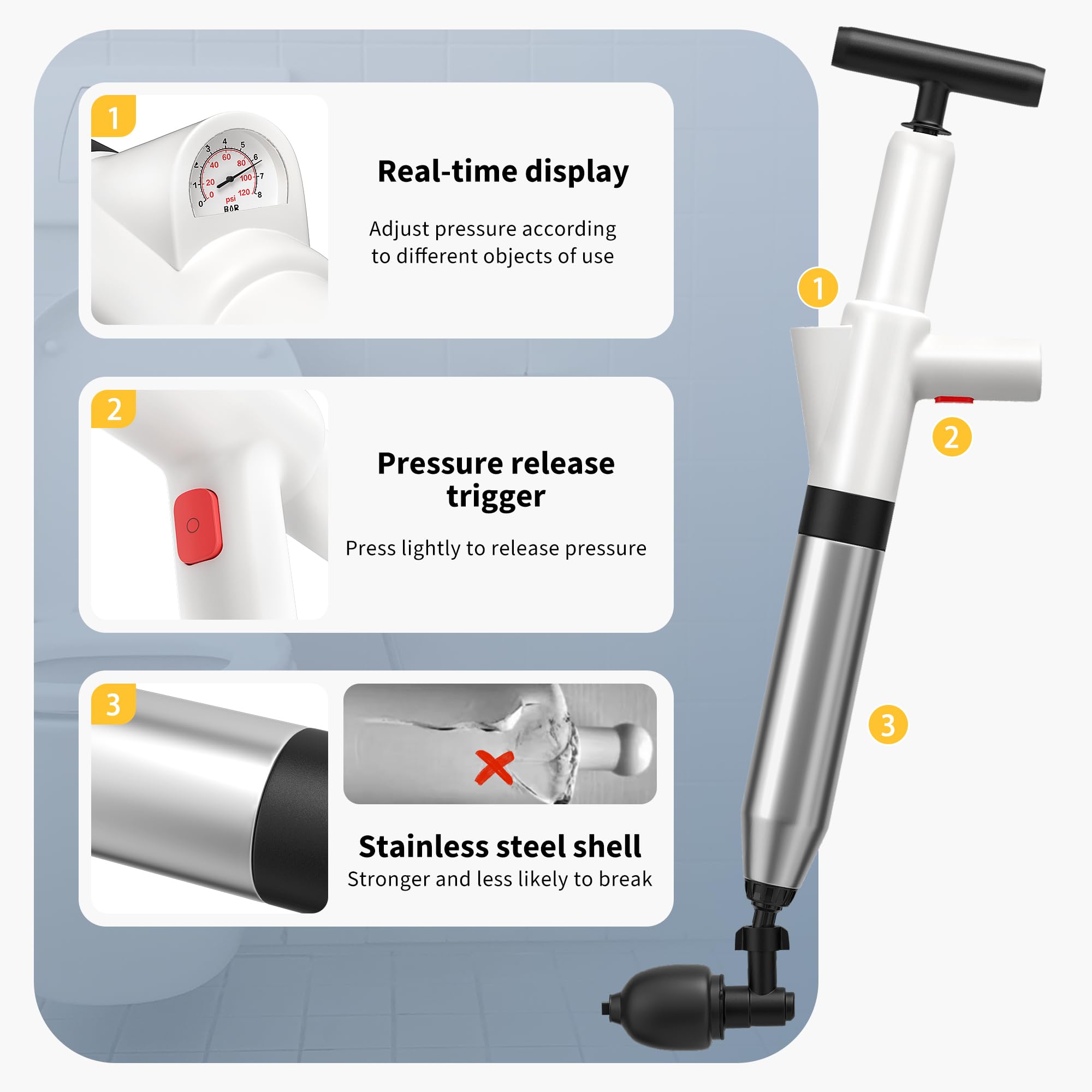 Toilet Plunger, Drain Clog Remover, High-Pressure Air Drain Blaster With Real-Time Barometer Powerful Drain Snake Sink Plunger P