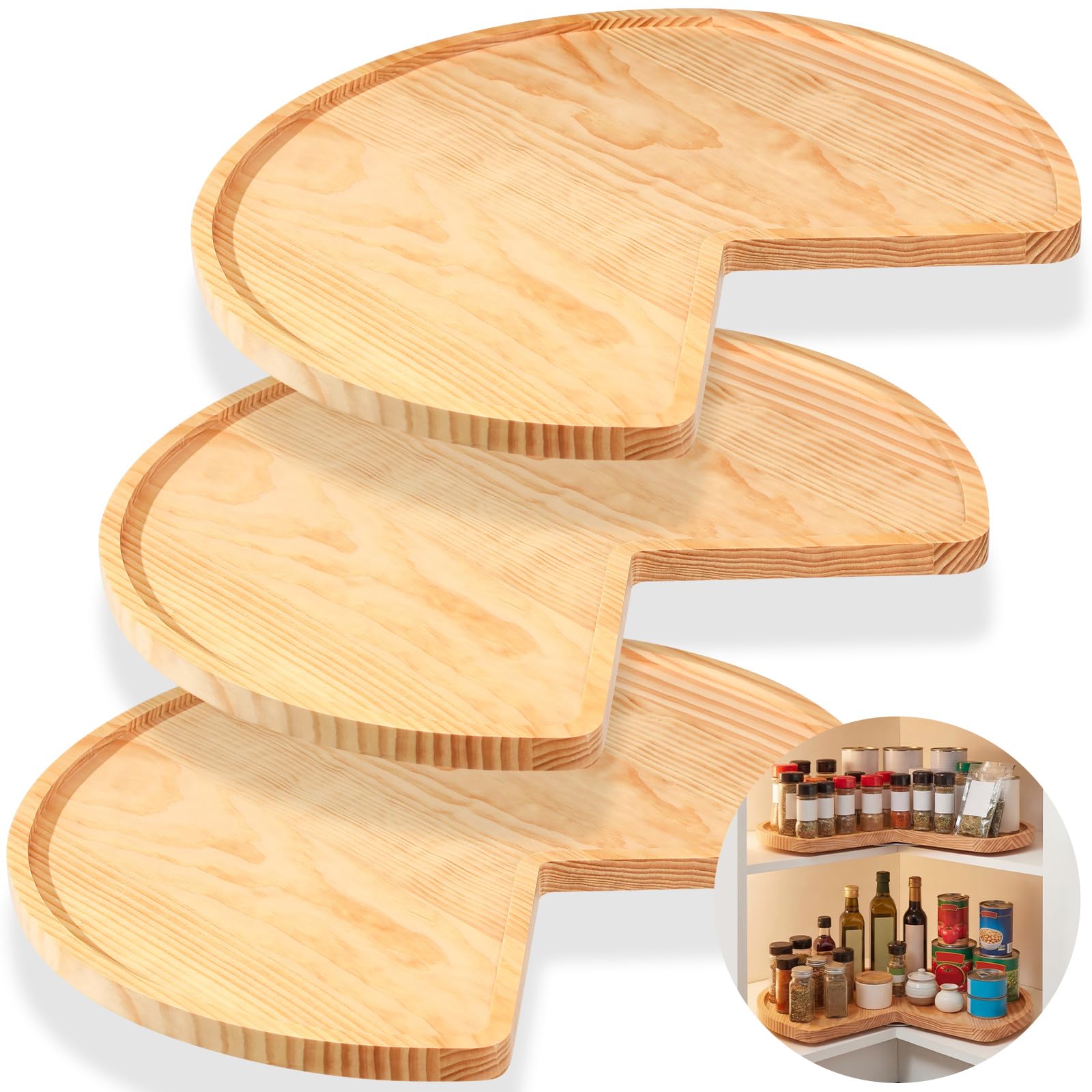 Leinuosen 3 Pcs 24 Inch Banded Pine Wood Full Kidney Shaped Lazy Susan for Corner Base Cabinets with Steel Swivel Bearing for Ki