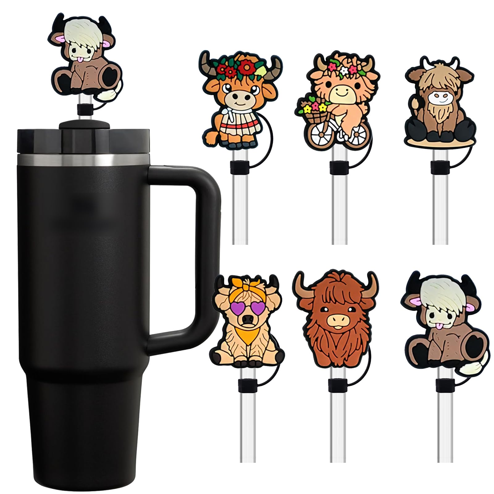 6 Pack Straw Toppers Compatible with Stanley Cup 40 oz Tumbler, Reusable Dust-Proof Silicone Highland Cow Straw Cover Caps - Wes