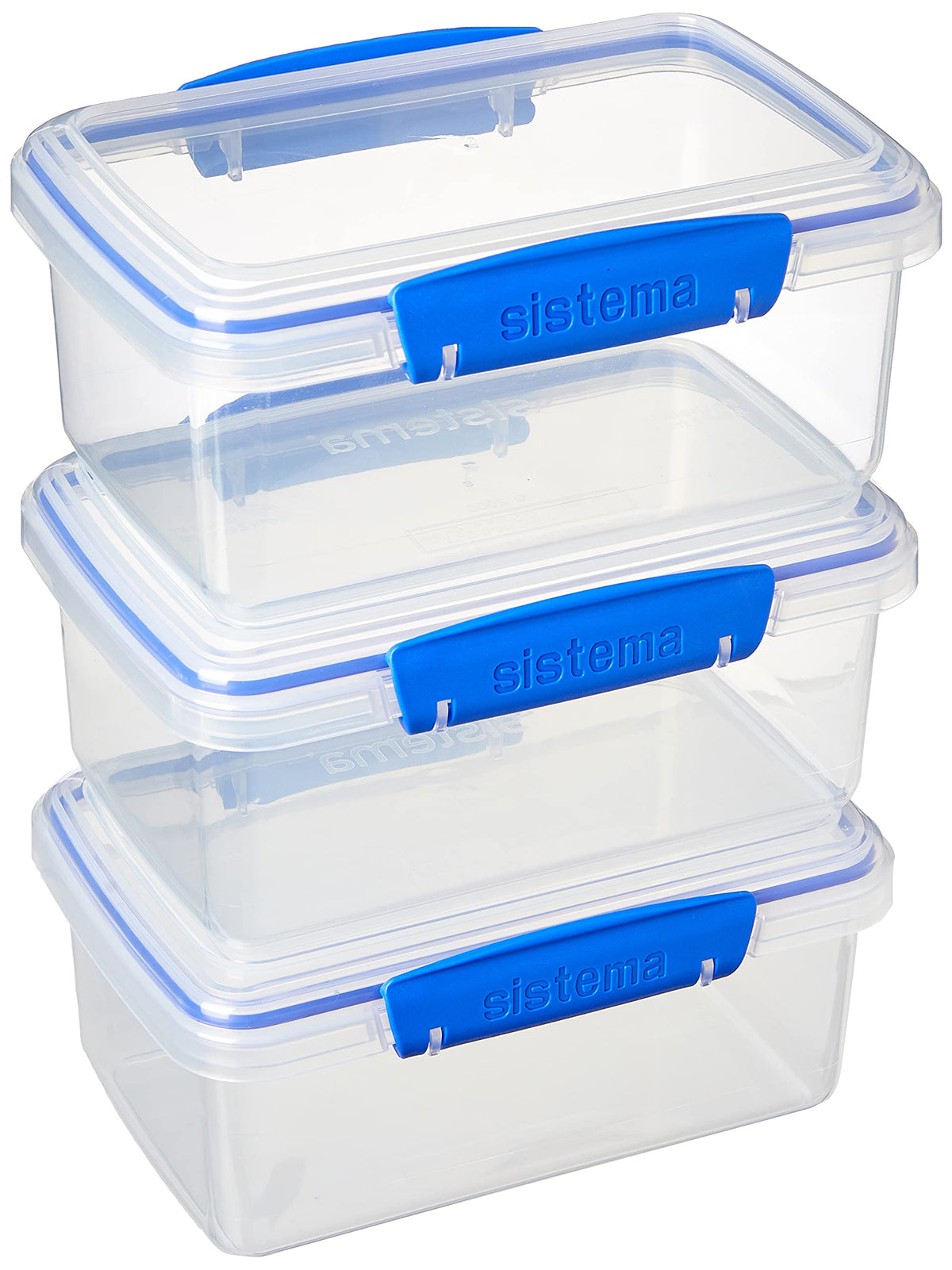Sistema Klip It Rectangular Collection Food Storage Container, 33.8 Oz./1.0 L, Clear/Blue, 3 Count