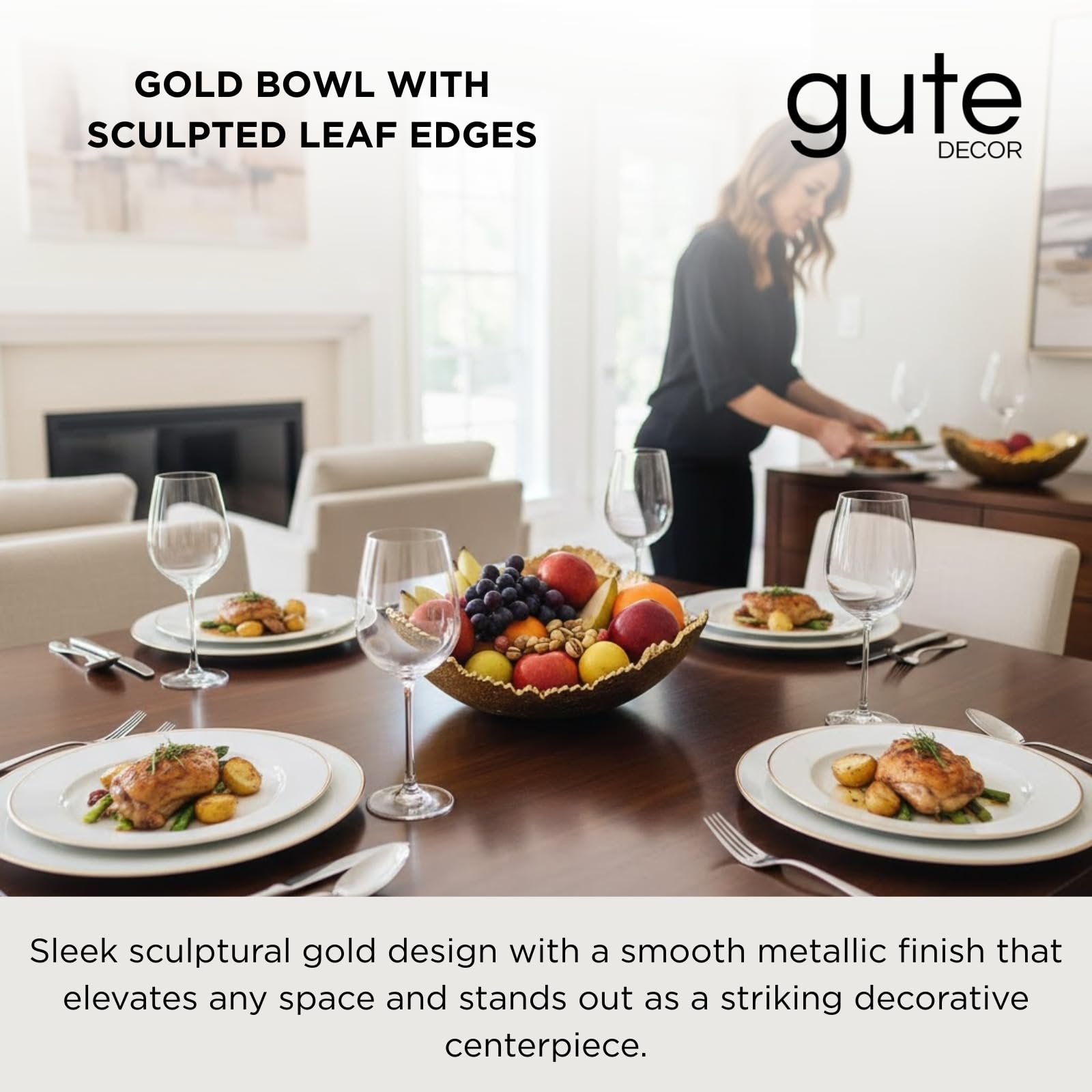 Gold Platter Bowl – Modern Aluminum Decorative Centerpiece with Textured Metallic Finish