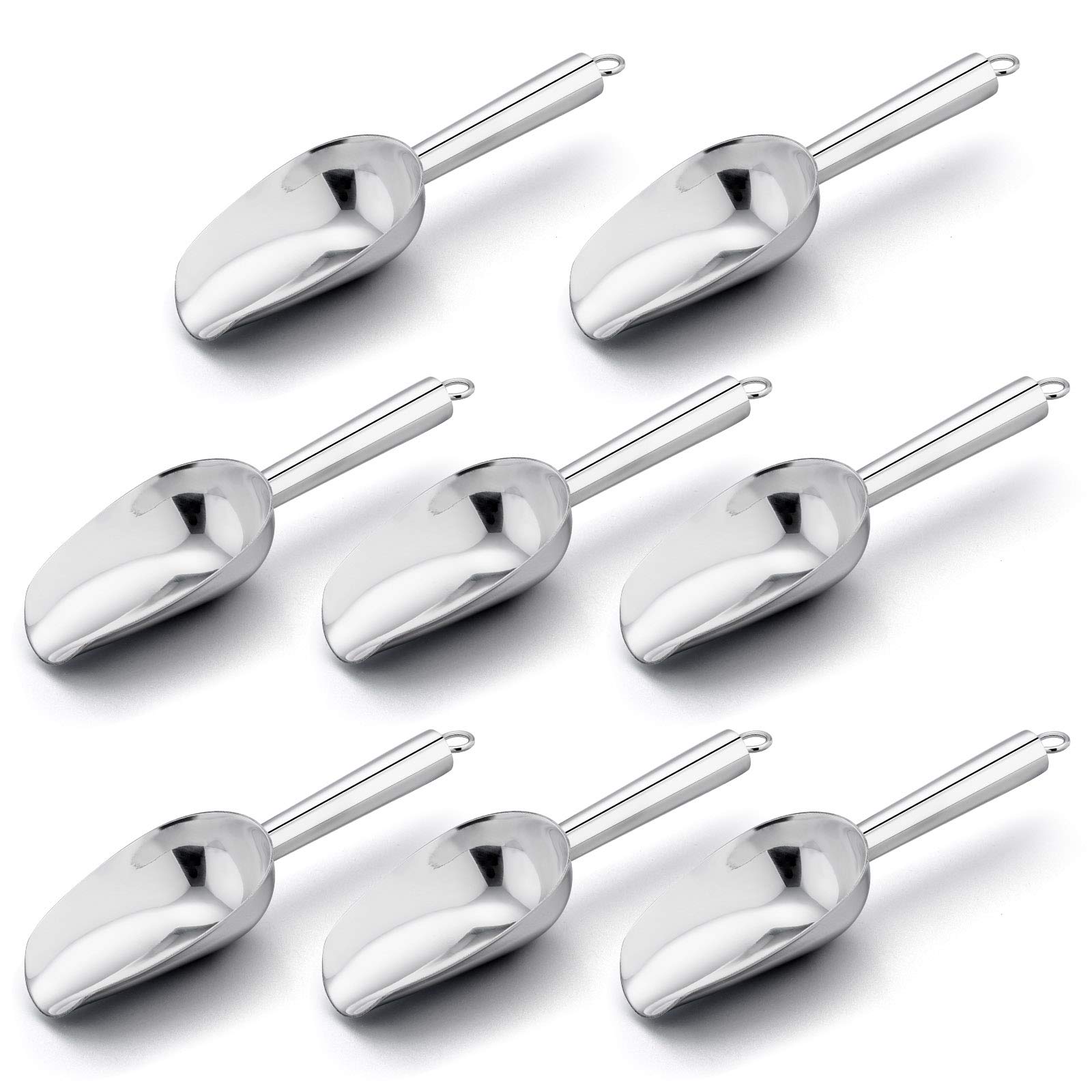 Mini Scoop Set Of 8, E-Far 3 Ounce Stainless Steel Scoops For Ice Cube/Candy/Flour/Sugar, Metal Utility Scoops For Weddings, Des