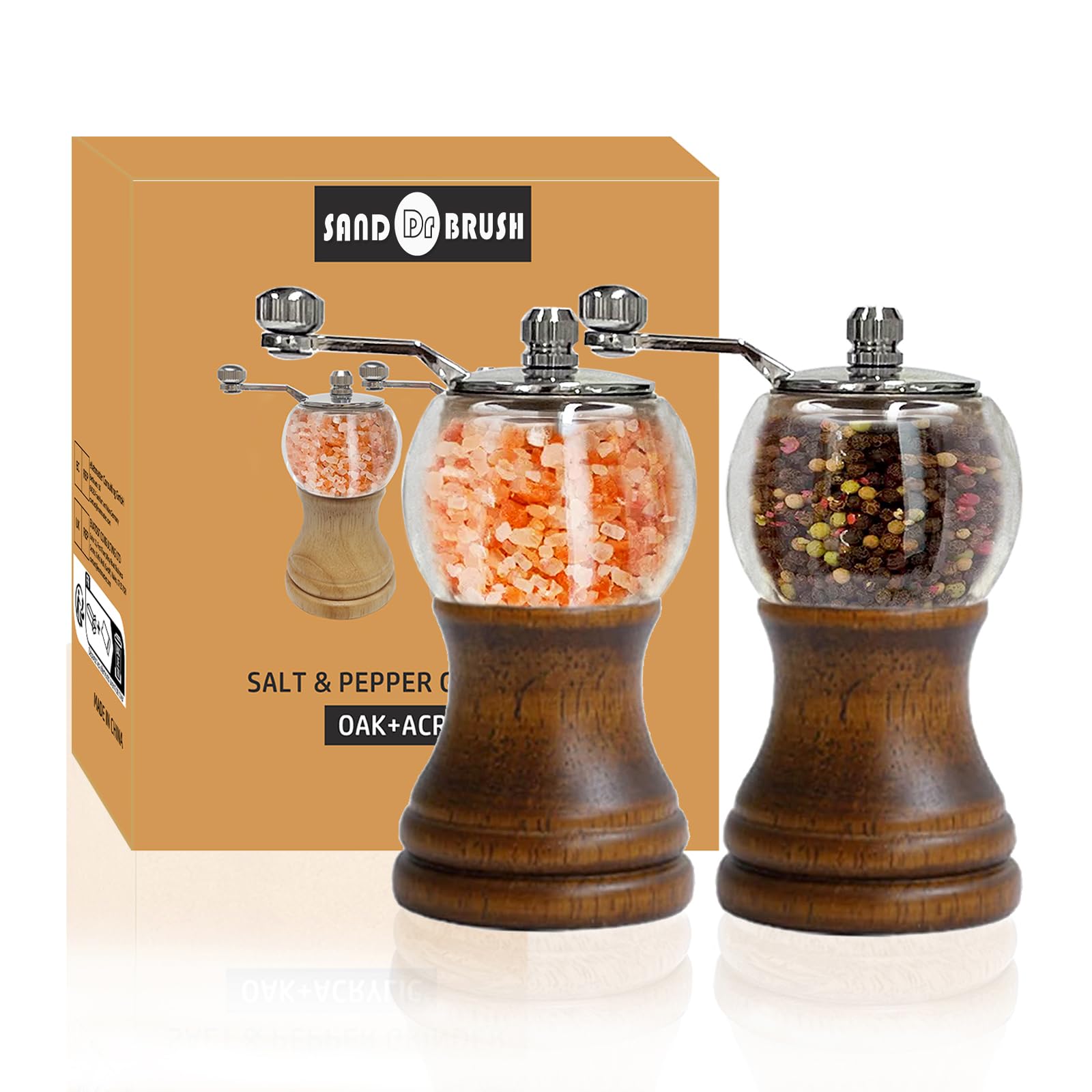 Salt and Pepper Grinder Set, Manual Pepper Grinder with Crank Handle, Adjustable Coarseness Pepper Grinder, Refillable for Sea S