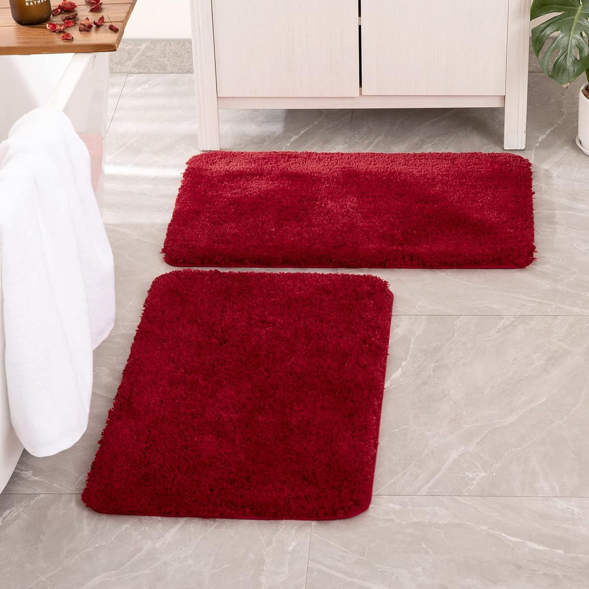Miulee Christmas Red Set Of 2 Non Slip Shaggy Bathroom Rugs Extra Thick Soft Bath Mats Plush Microfiber Absorbent Water For Tub