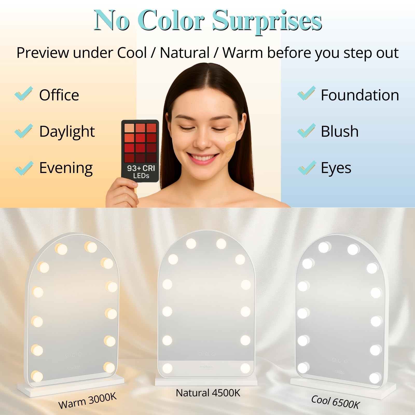 LUXFURNI Hollywood Mirror with Lights Makeup Mirror for Bedroom, Vanity Arched Mirror with 12 Dimmable Bulbs Smart Touch Control
