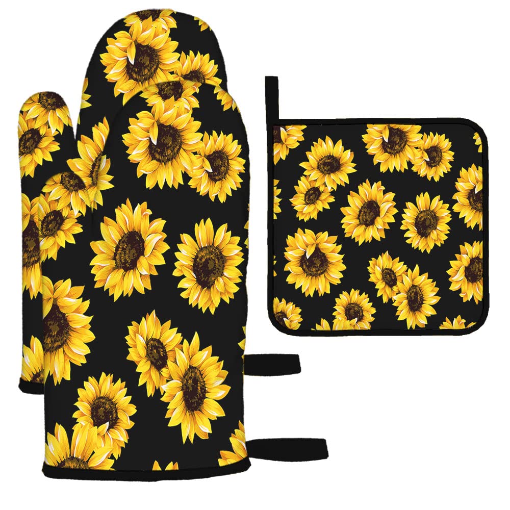 Mxocom Sunflowers Oven Mitts And Pot Holders Sets Of 3 Bbq Gloves For Kitchen,Cooking,Baking,Grilling Resistant Hot Pads For Wom