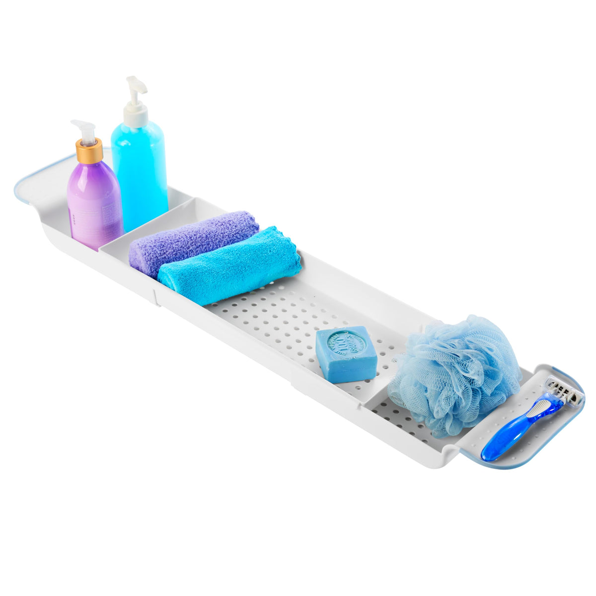 Madesmart Expandable Bath Tray For Bathtubs, Plastic Shower And Bath Shelf Caddy, White, Multifunctional Bathtub Bathroom Organi