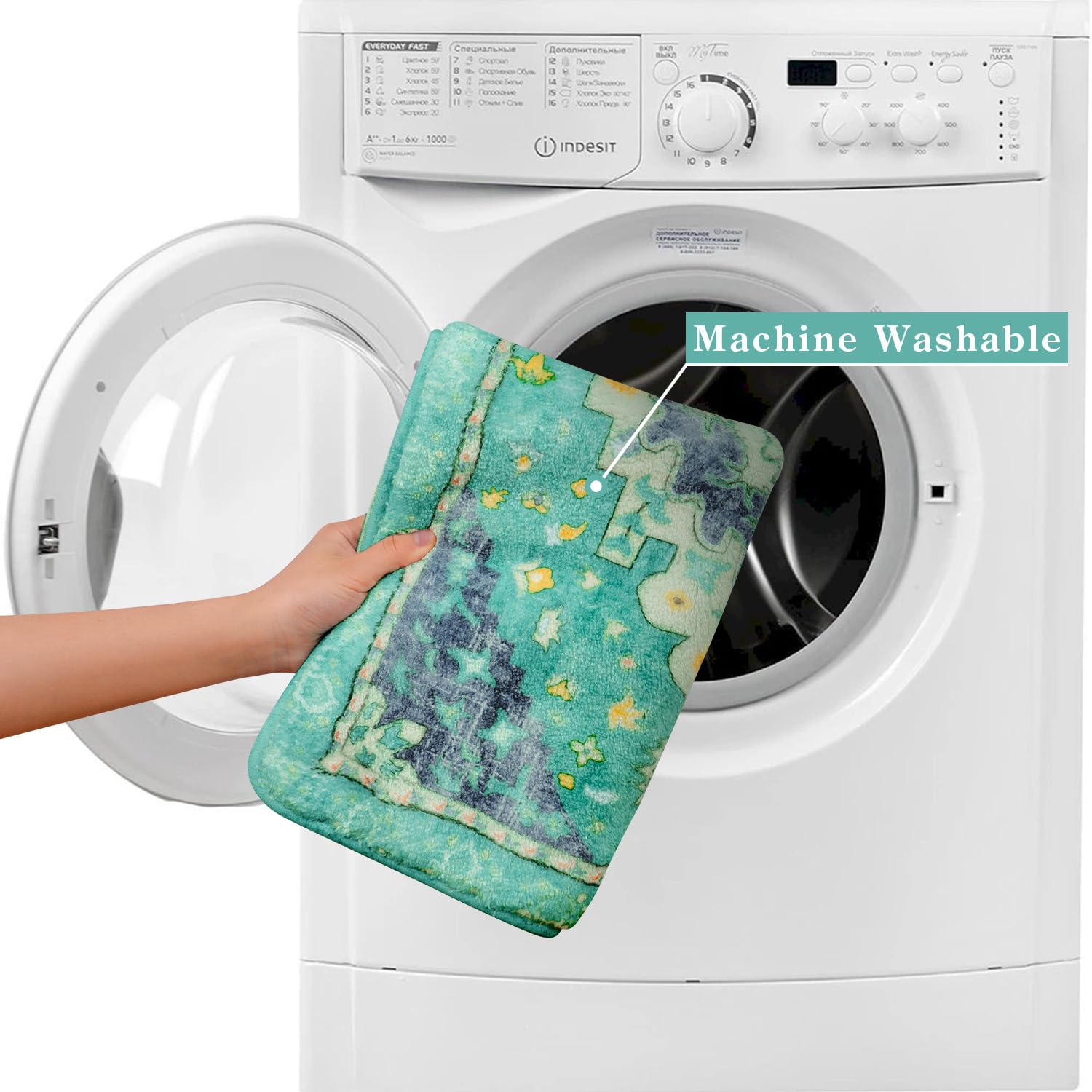 Uphome Retro Long Boho Rug Green Non-Slip Soft Bathroom Rug Runner Machine Washable Oriental Bathroom Mats Traditional Farmhouse