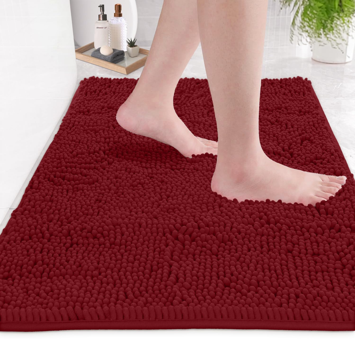 Luxurux Red Bathroom Rugs Extra-Soft Plush Bath Mat Shower Bathroom Rug,1'' Chenille Microfiber Material, Super Absorbent Shaggy