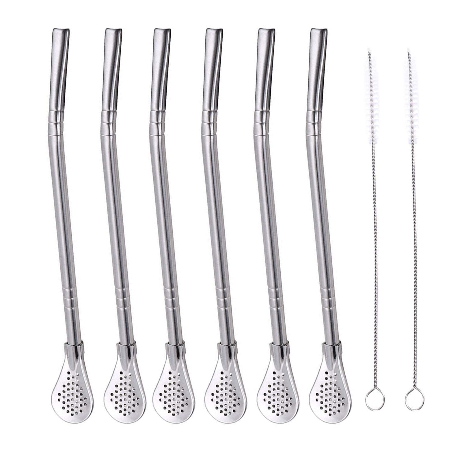 Fruta 6 Pcs Stainless Steel Yerba Mate Tea Bombilla Straws With Filter Spoon And 2 Pcs Cleaning Brushes, Removable Filtered Spoo