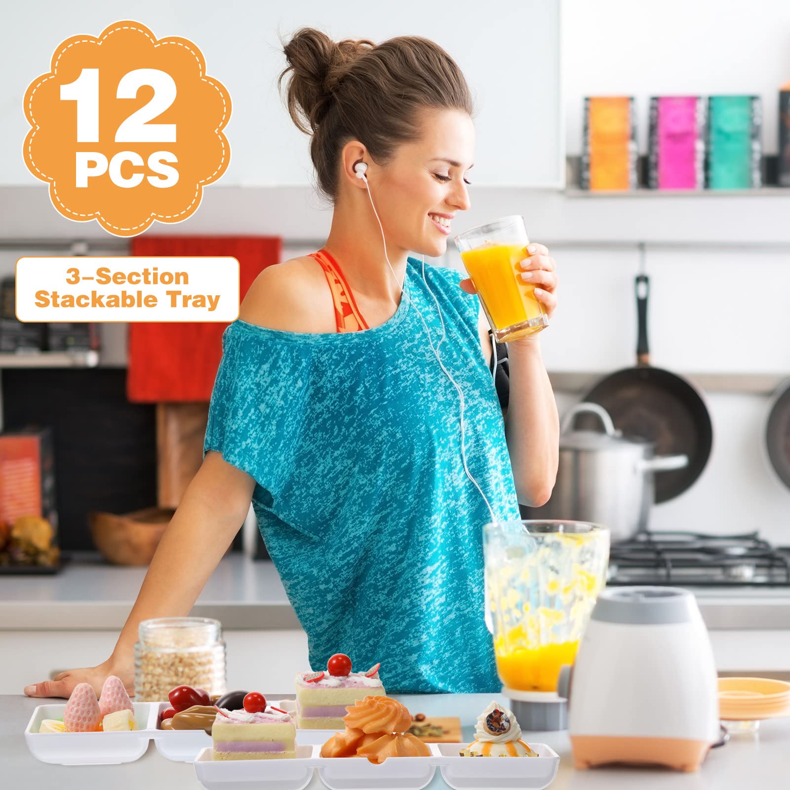 12 Pcs Small White Plastic Appetizer Serving Tray 3 Compartment Serving Dishes Reusable Stackable Sectional Serving Platter Rect