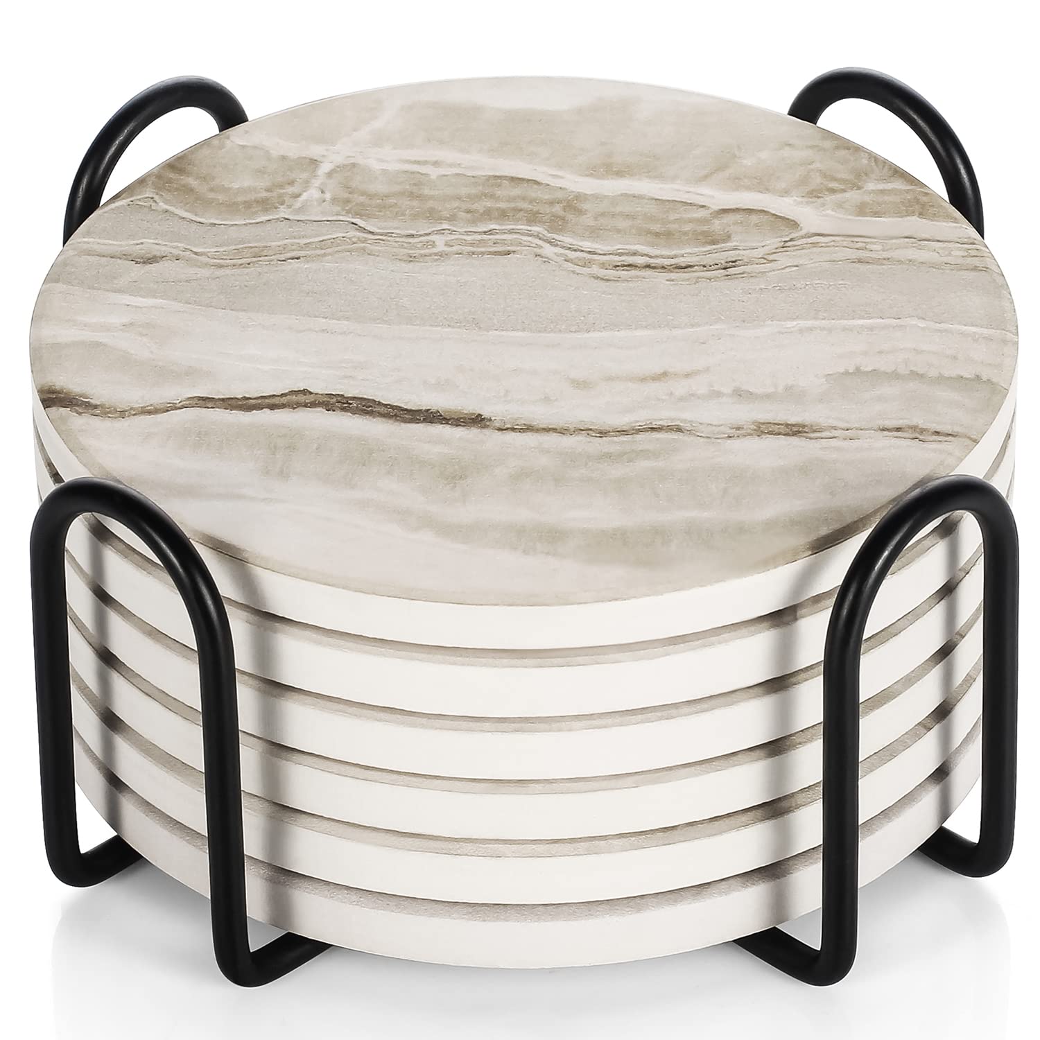 LIFVER Coasters Set of 6 - Absorbent Ceramic Drink Coasters, Black Marble Style, Tabletop Protection, Ideal for Home Decor
