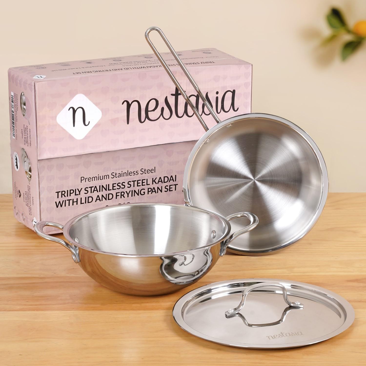 Nestasia Triply Stainless Steel 3 Pc Cookware Set - Fry Pan (22Cm/1.5L) & Kadai With Lid (24Cm/3L) | 100% Food Safe, Even Heatin