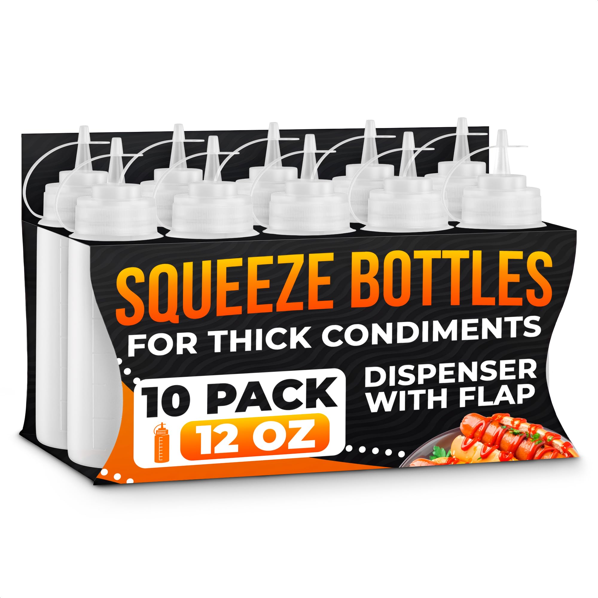 10-Pack Plastic Condiment Squeeze Bottles 12 oz - Refillable Squirt Bottles with Narrow Tip, Leak-Resistant | Great for Oil, Sau