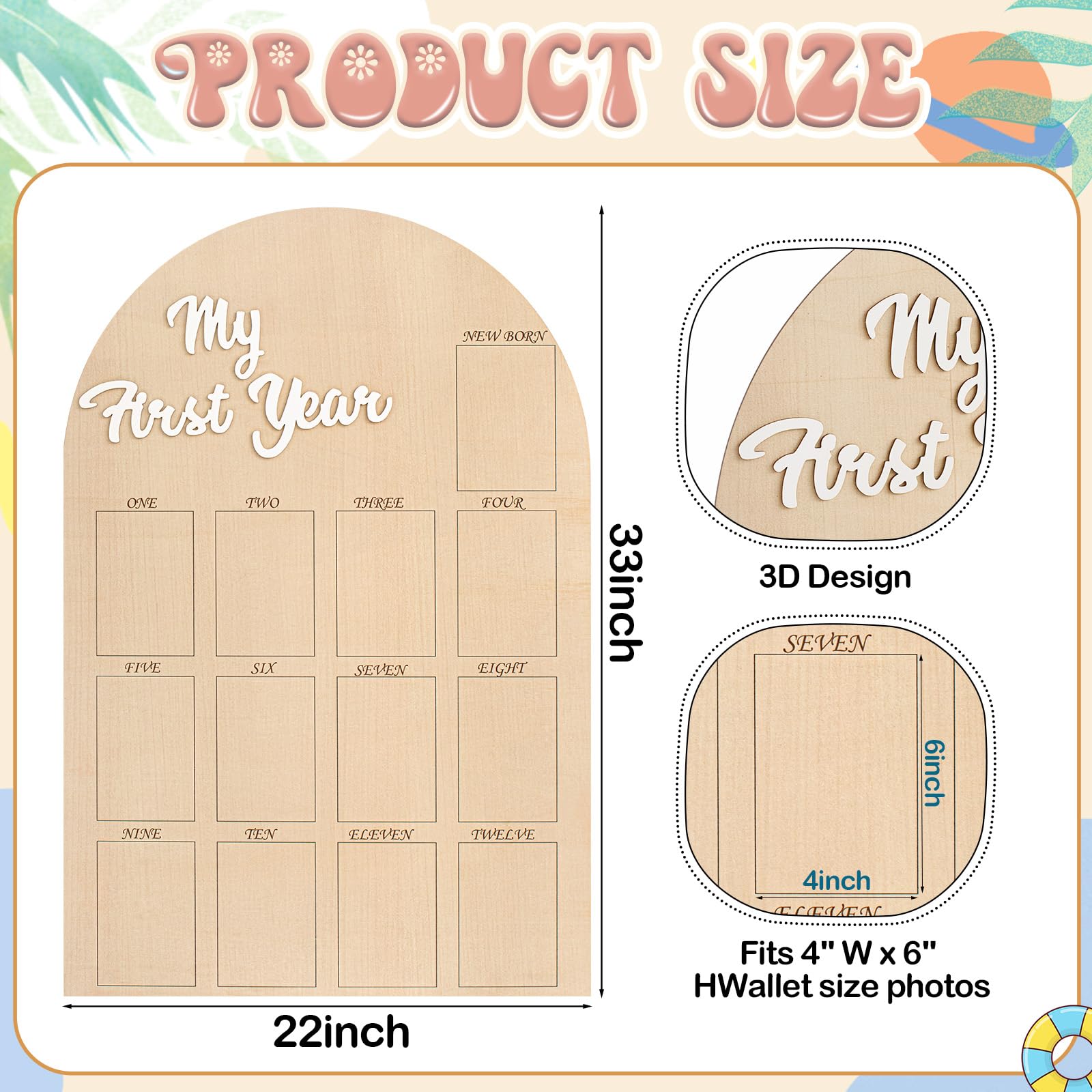 Kritkin My First Year Photo Board Baby Birthday Picture Frame 12 Monthly Wooden Photo Board 1st Birthday Decorations Baby Gift f
