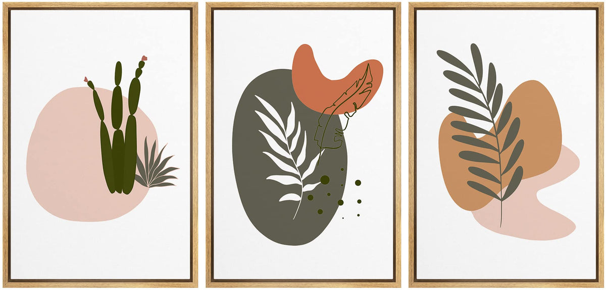 Idea4Wall Framed Wall Art Print Set Green Leaves With Abstract Colored Circles Geometric Flower Illustrations Modern Art Rustic