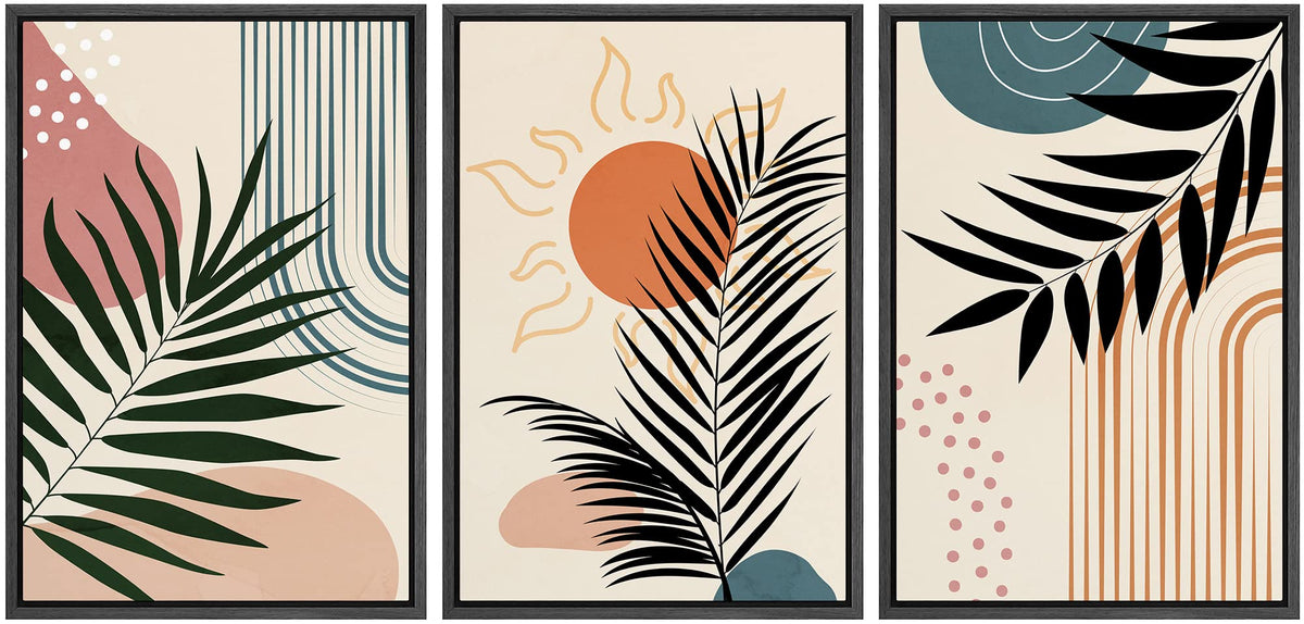 Idea4Wall Framed Canvas Print Wall Art Set Geometric Jungle Leaf Polygon Collage Abstract Nature Illustrations Modern Art Nordic