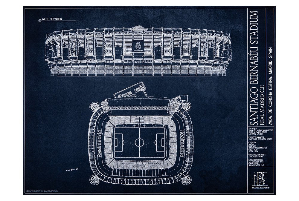 Santiago Bernab  U Stadium Blueprint Style Print (Unframed, 18''H X 24''W)