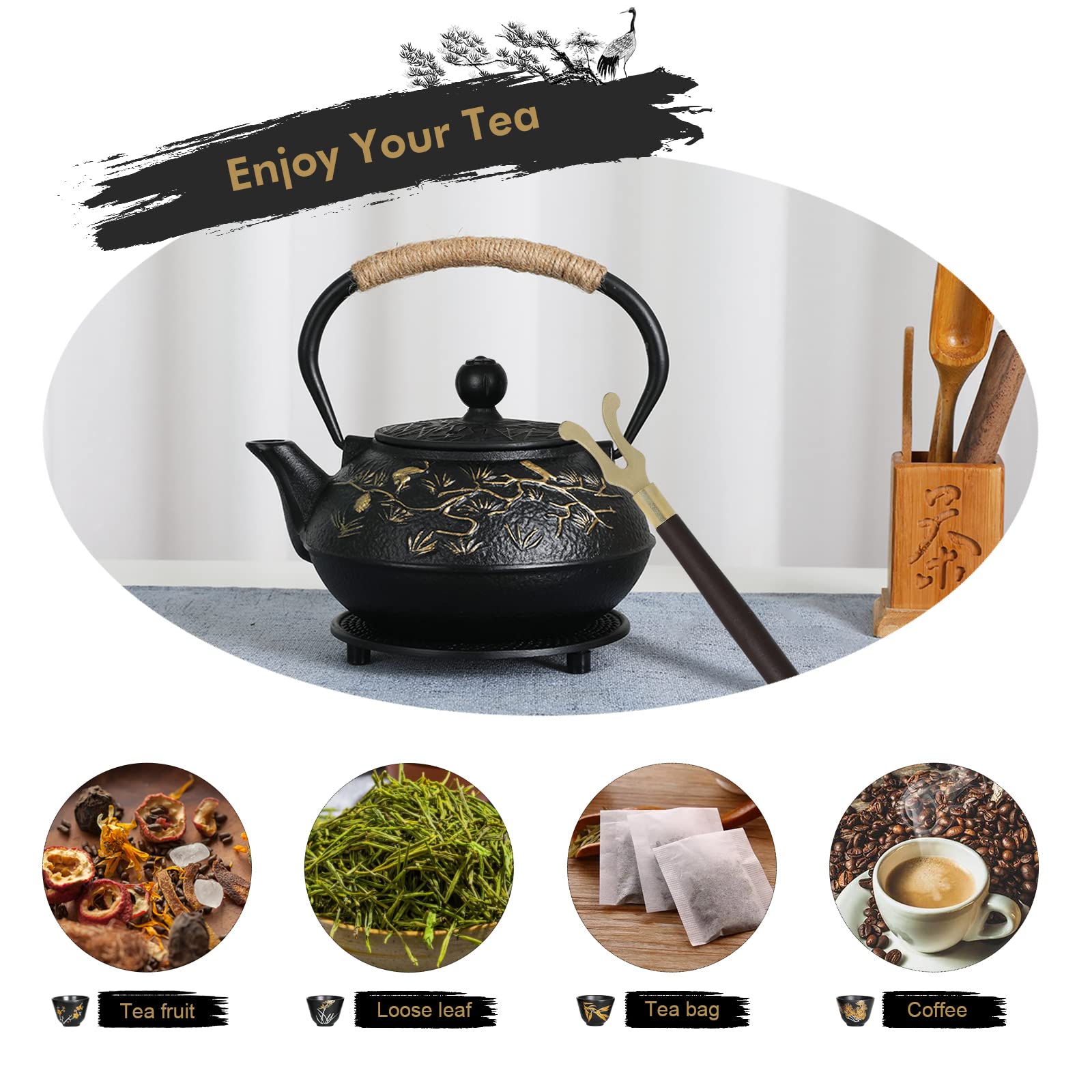 RekRang Cast Iron Teapot Set, 800ml Japanese Tetsubin Kettle with 4 Cups, Pine Crane Design, Removable Infuser and Trivet