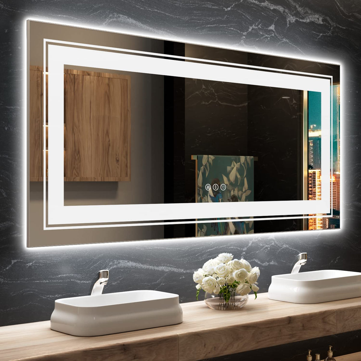 Snowdool 60X28 Led Bathroom Mirror With Lights, Front And Backlit Mirror Bathroom, Stepless Dimmable, Anti-Fog Led Mirror, Light