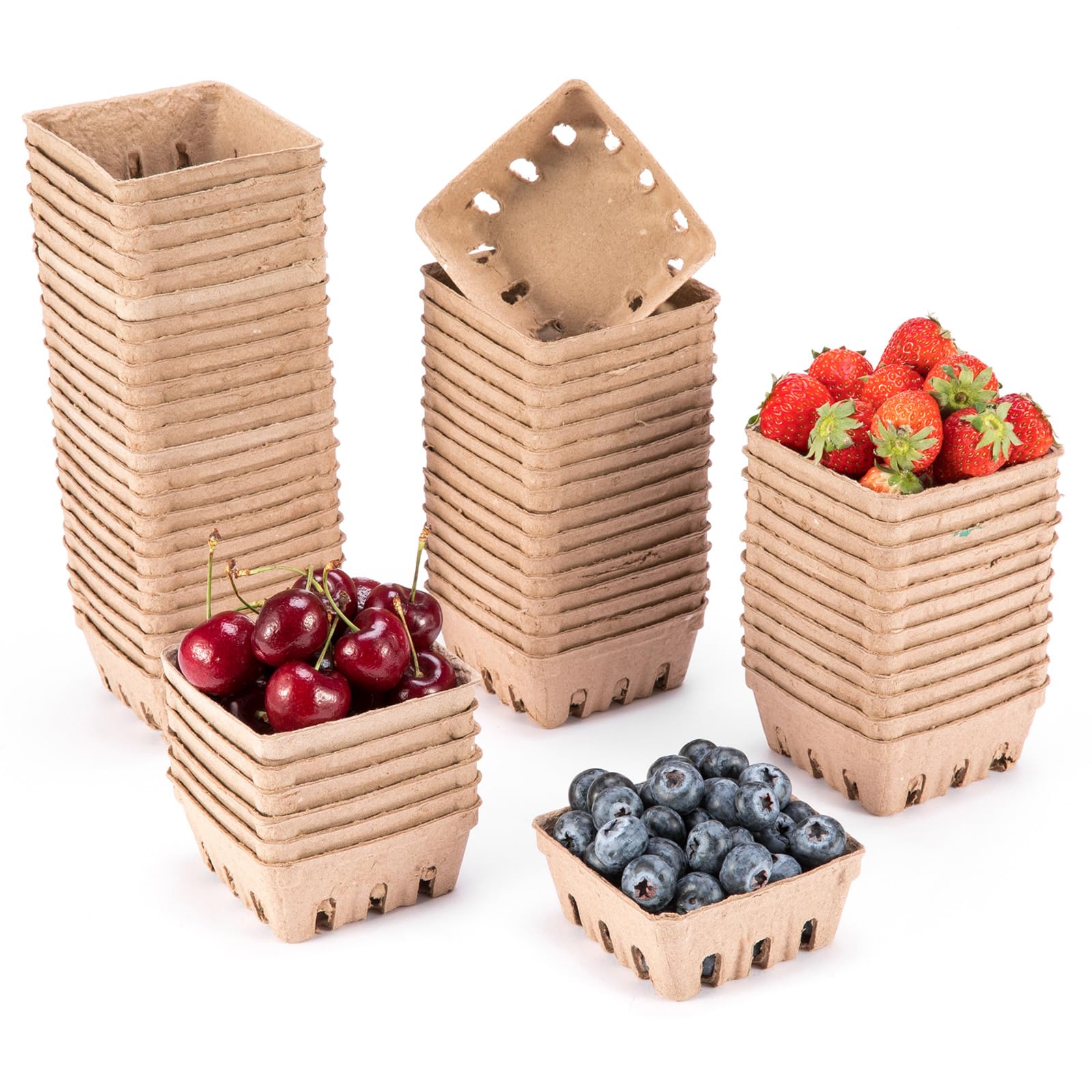 PARBEE 60 Pack Pulp Fiber Berry Basket, 1/2 Pint Vented Containers for Strawberry Blueberry Raspberry Grape Cherry, Small Farmer