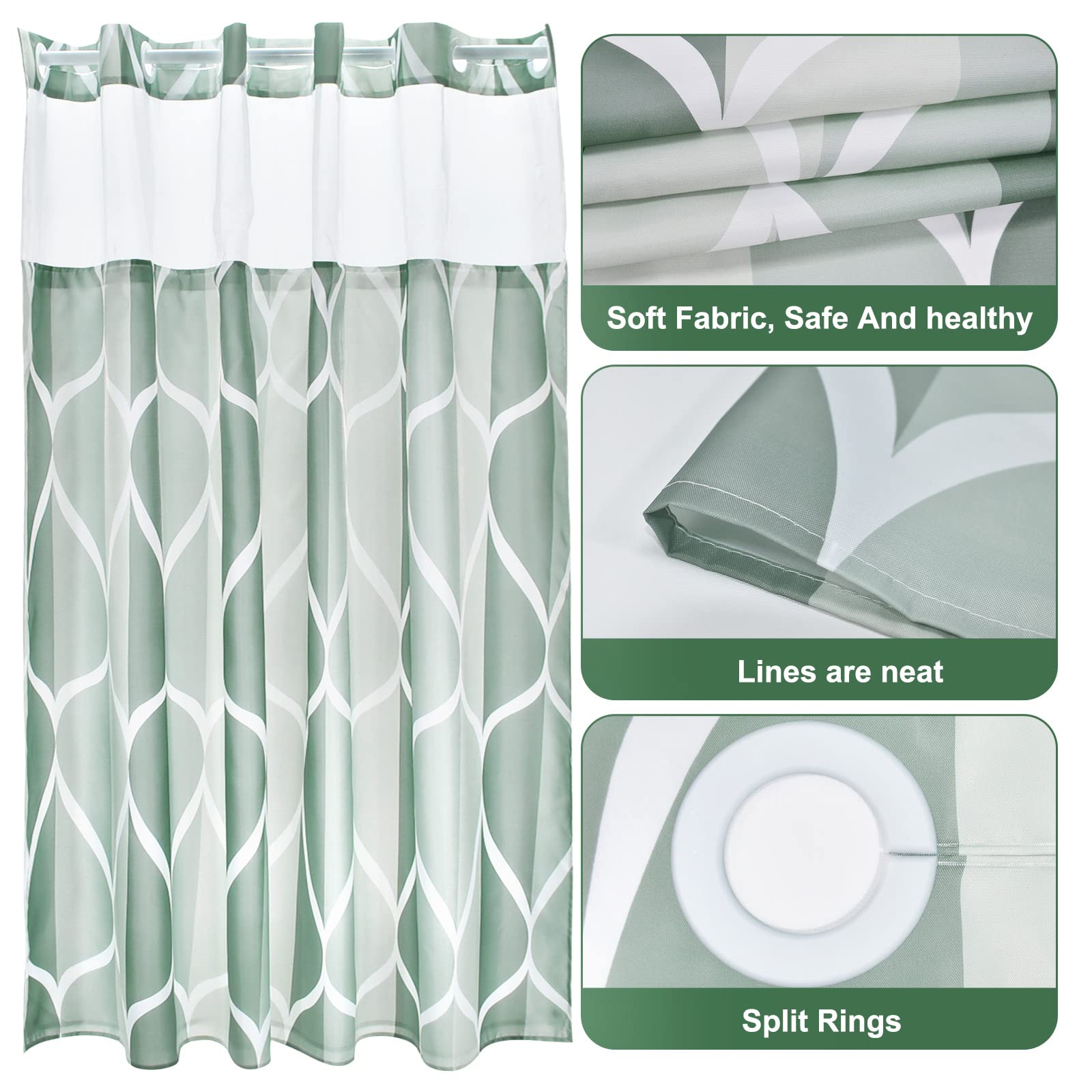 Yiatn No Hook Dark Green Double Shower Curtain With Snap In Fabric Liner Set - Hotel Style With See Through Mesh Top Window, Mod