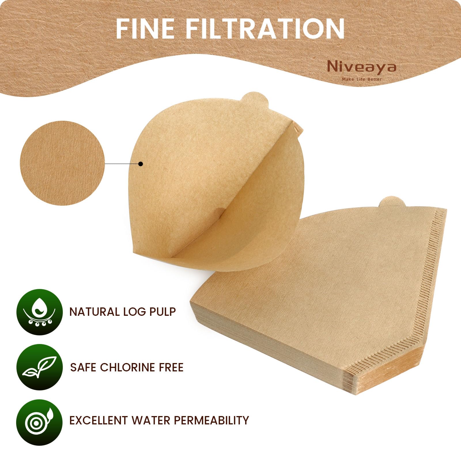 Niveaya #4 Cone Coffee Filters - 200 Count, Unbleached Natural Brown, Disposable For Pour Over And Drip Coffee Maker