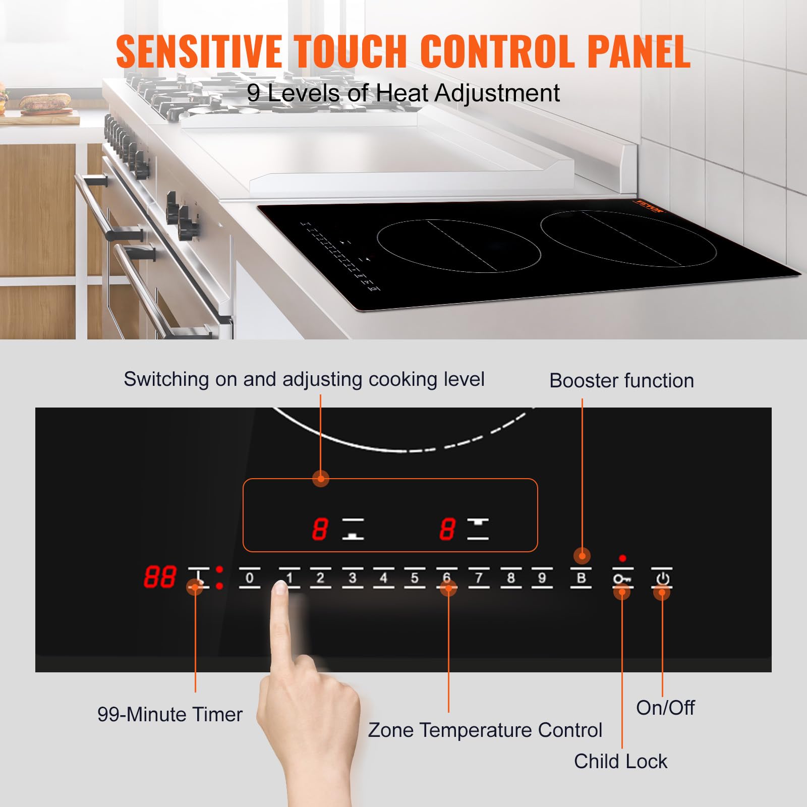 Vevor Built-In Induction Electric Stove Top 12 Inch,2 Burners Electric Cooktop,9 Power Levels & Sensor Touch Control,Easy To Cle