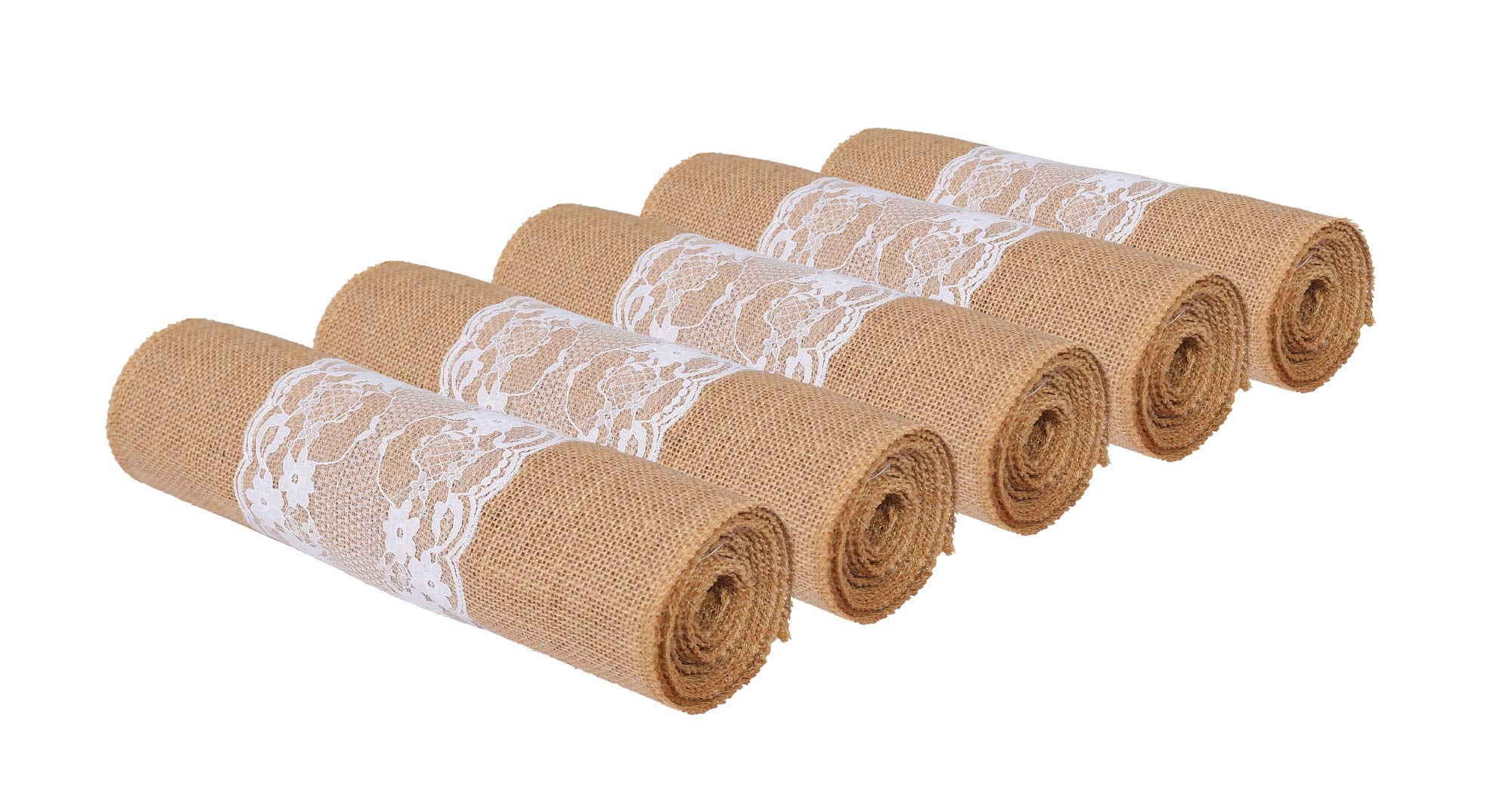 Mds Pack Of 5 Wedding 12 X 108 Inch Vintage Lace Burlap Table Runner, Rustic Farmhouse Jute Country Vintage Jute Burlap Roll For