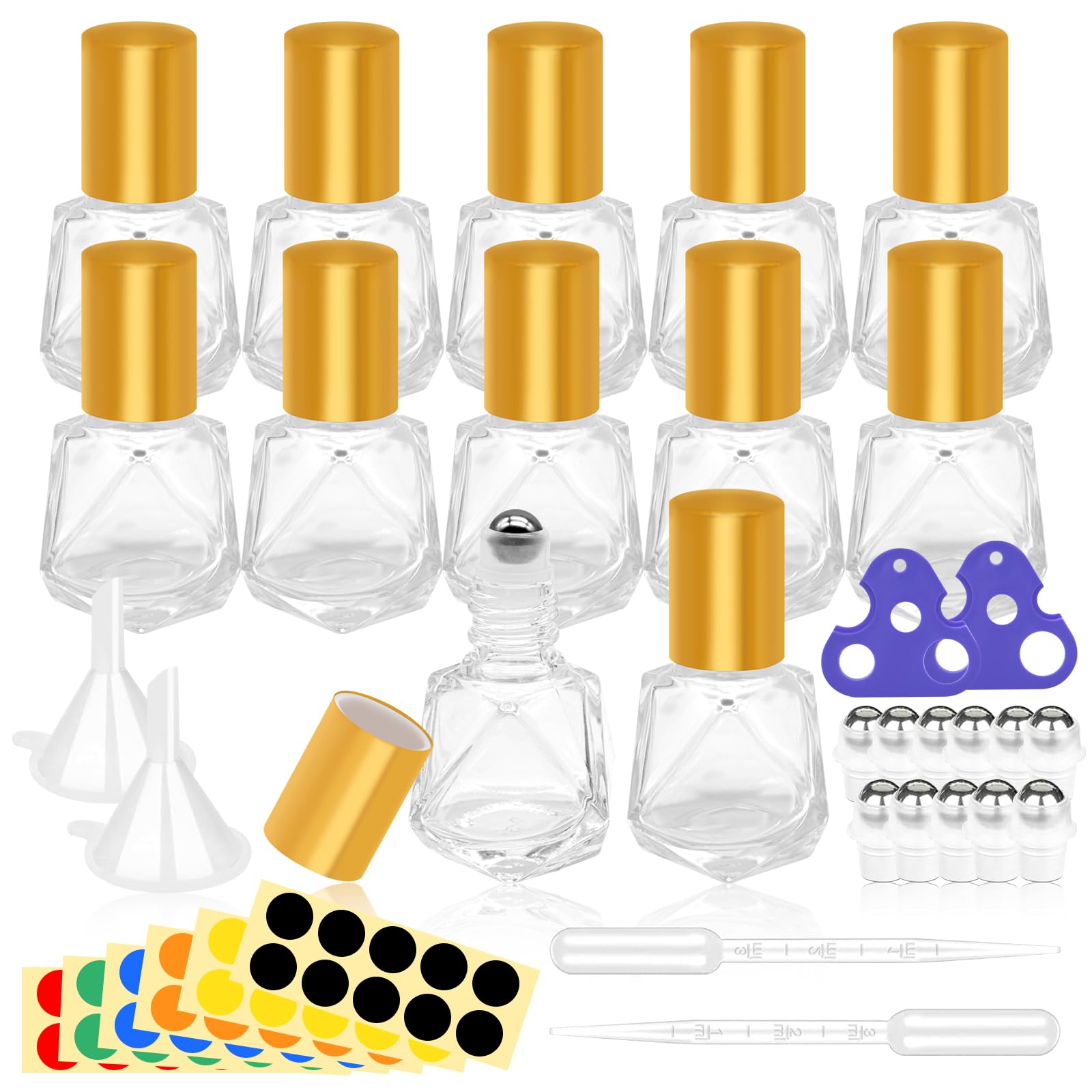 Yauhar 30Pcs 8Ml/0.27Oz Travel Essential Oil Roll On Bottle With Stainless Steel Ball Gold Cap Set Contains Polygonal Clear Glas