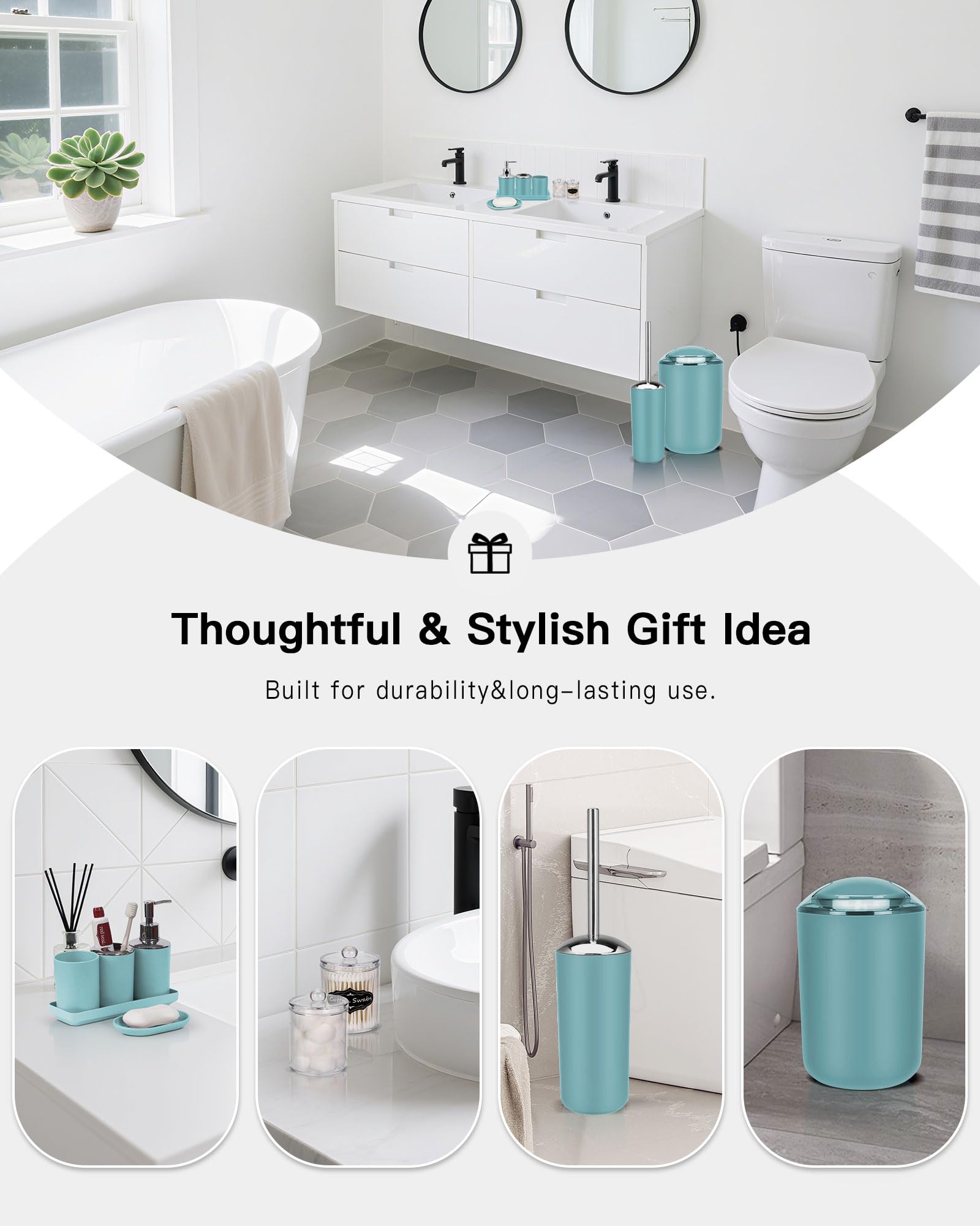 IMAVO Bathroom Accessories Set,Blue Bathroom Set,9 Pieces Bathroom Accessory Set,Tray,Qtip Holders,Toilet Brush,Trash Can for Ba