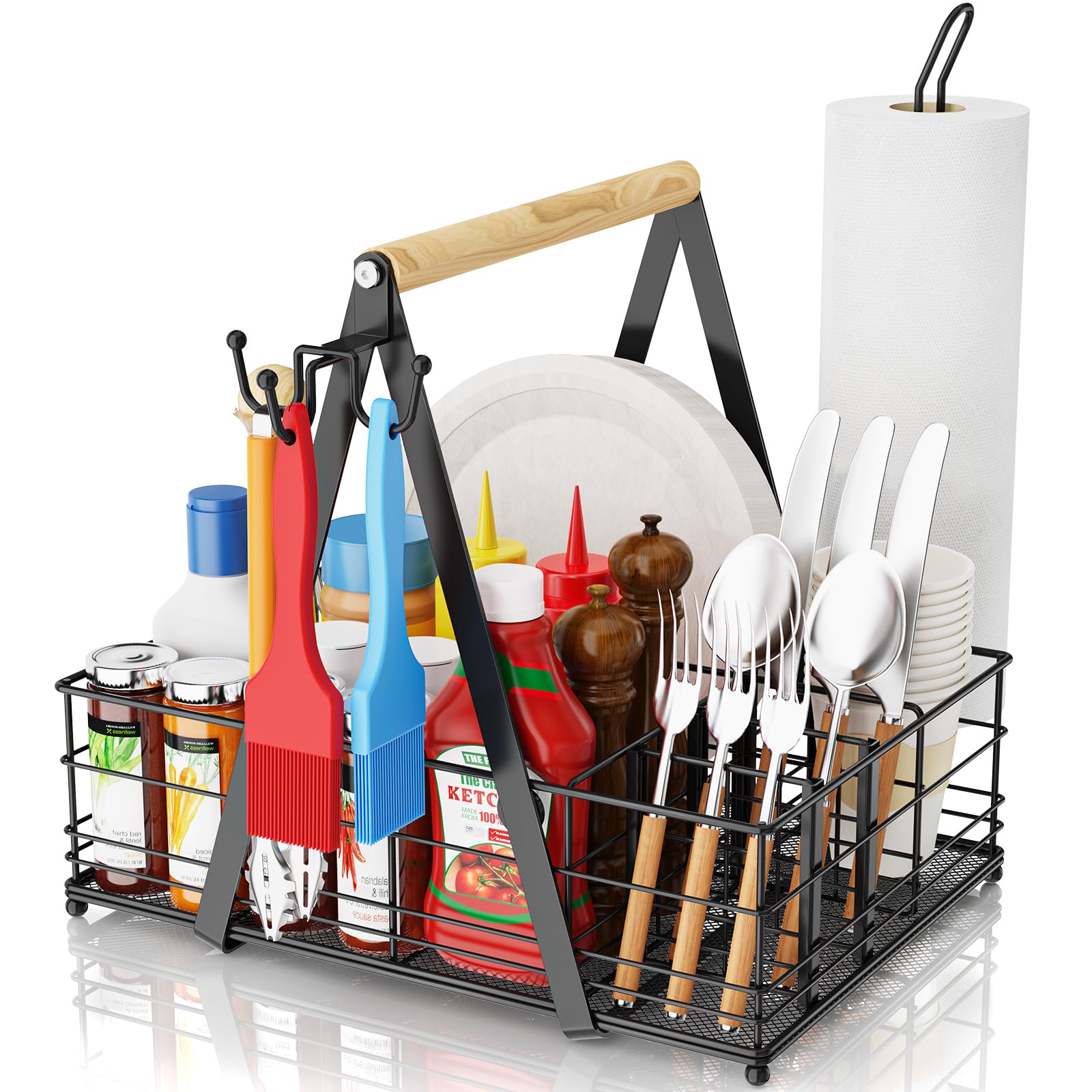 Grill Caddy With Paper Towel Holder, Picnic Bbq Condiment Utensil Organizer Caddy For Outdoor Kitchen, Rv, Camping Accessories,