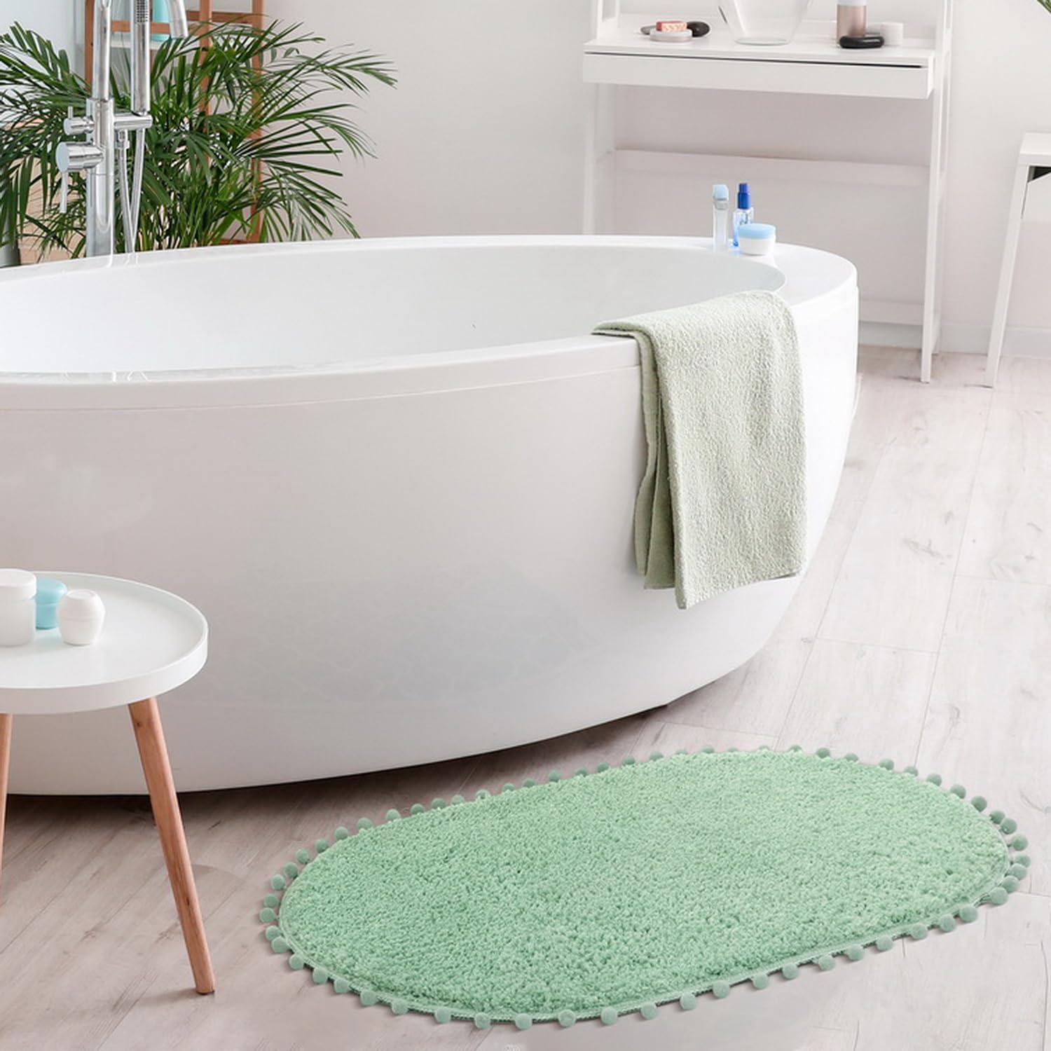 Yirddeo Sage Green Pom Bath Rug For Bathroom Non Slip, Cute Boho Pom Oval Absorbent Shower Mat, Plush Soft Washable Rug (20X30 I