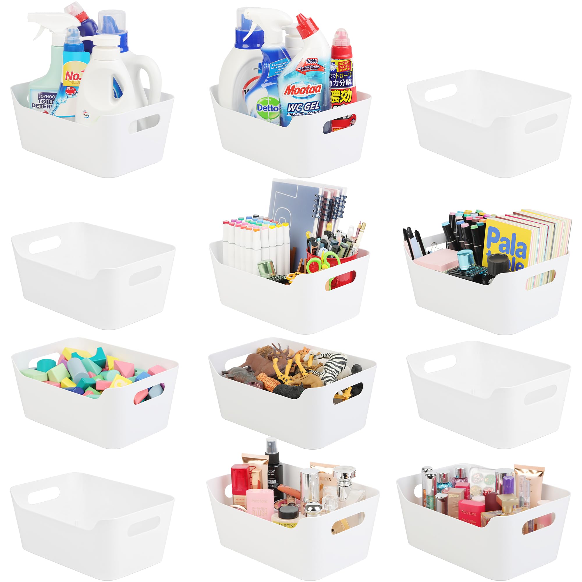 Tiawudi 12 Pack Storage Bins, Plastic Storage Containers, Multi-Use Organizer Bins, White Closet Organizer, Pantry Organizer, Bi
