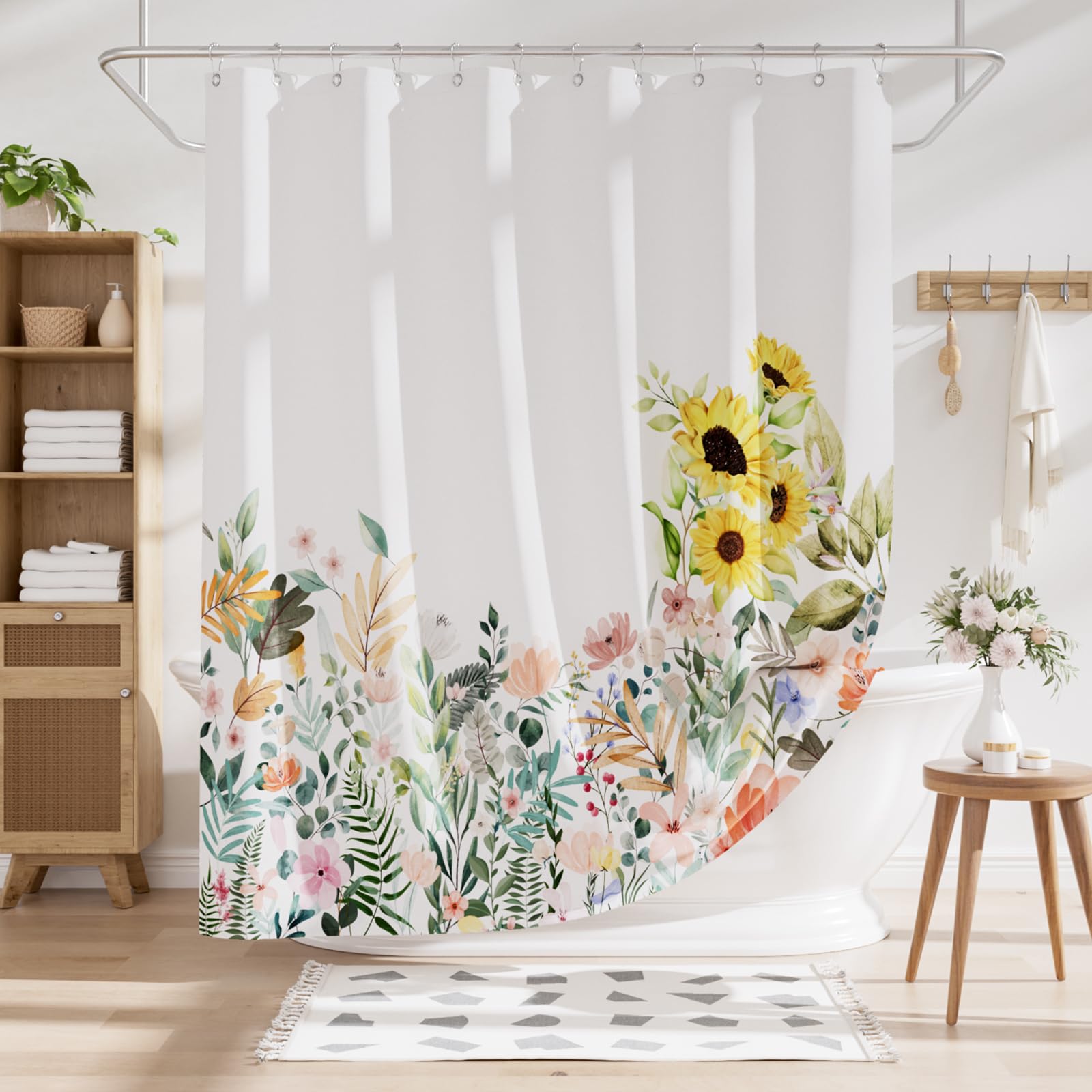 AmazerBath Floral Shower Curtain  Cloth Fall Flower Shower Curtains for Bathroom Decor  Rustic Washable Sunflower Eucalyptus and Leaves Fabric Shower Curtain Sets with 12 Metal Hooks  72x72 Inches