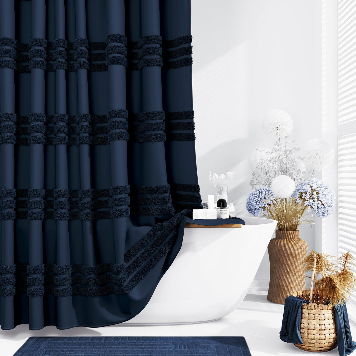 Dynamene Navy Blue Fabric Shower Curtain, Tufted Chenille Striped Textured Cloth Shower Curtains For Bathroom, Boho Farmhouse Sh