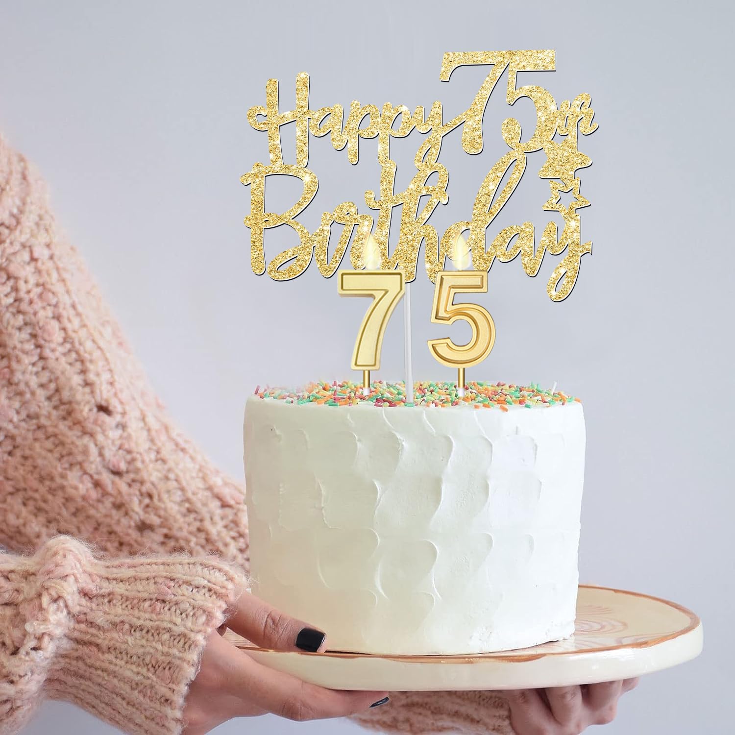 75Th Birthday Decorations Women With 75Th Birthday Sash And Tiara, Happy 75Th Birthday Cake Toppers, Number 75 Candles, Gold 75