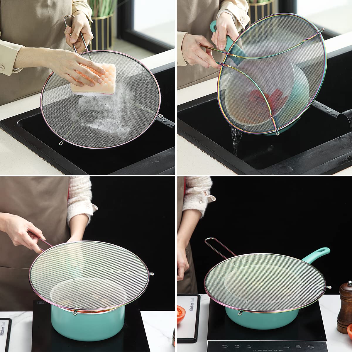 Evanda 12'' Rainbow Splatter Screen For Cooking, Stainless Steel Fine Mesh For Frying Pan, Grease Guard For Pan To Stop Hot Oil
